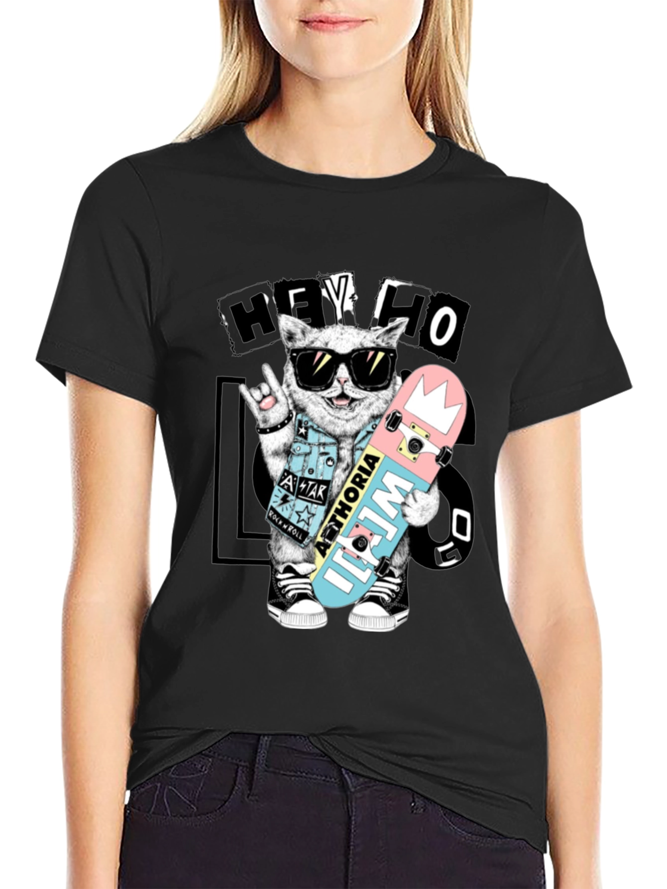 Cool Cat Skateboarder Black Graphic Tee