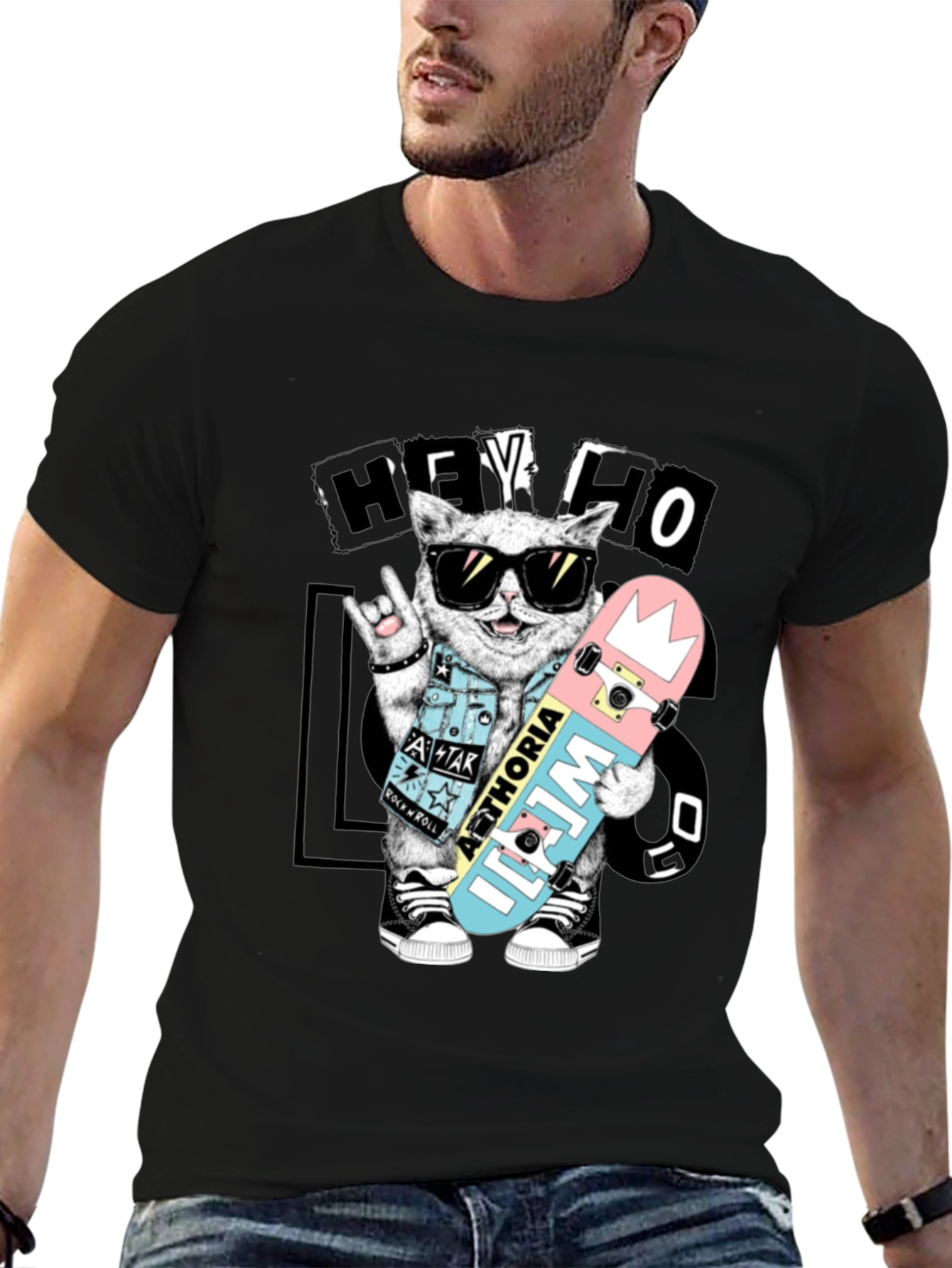 Cool Cat Skateboarder Black Graphic Tee