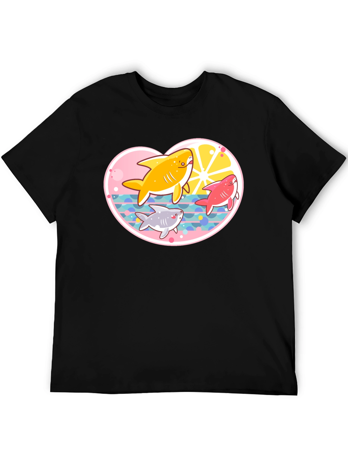 Cute Cartoon Sharks Black T-Shirt