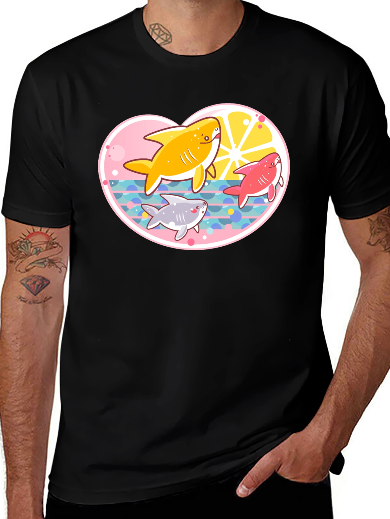 Cute Cartoon Sharks Black T-Shirt