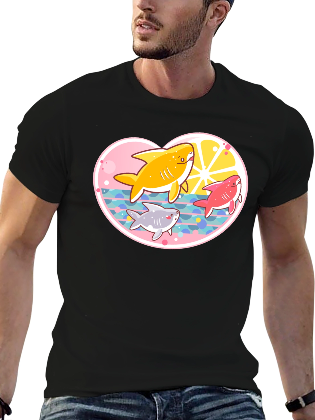 Cute Cartoon Sharks Black T-Shirt