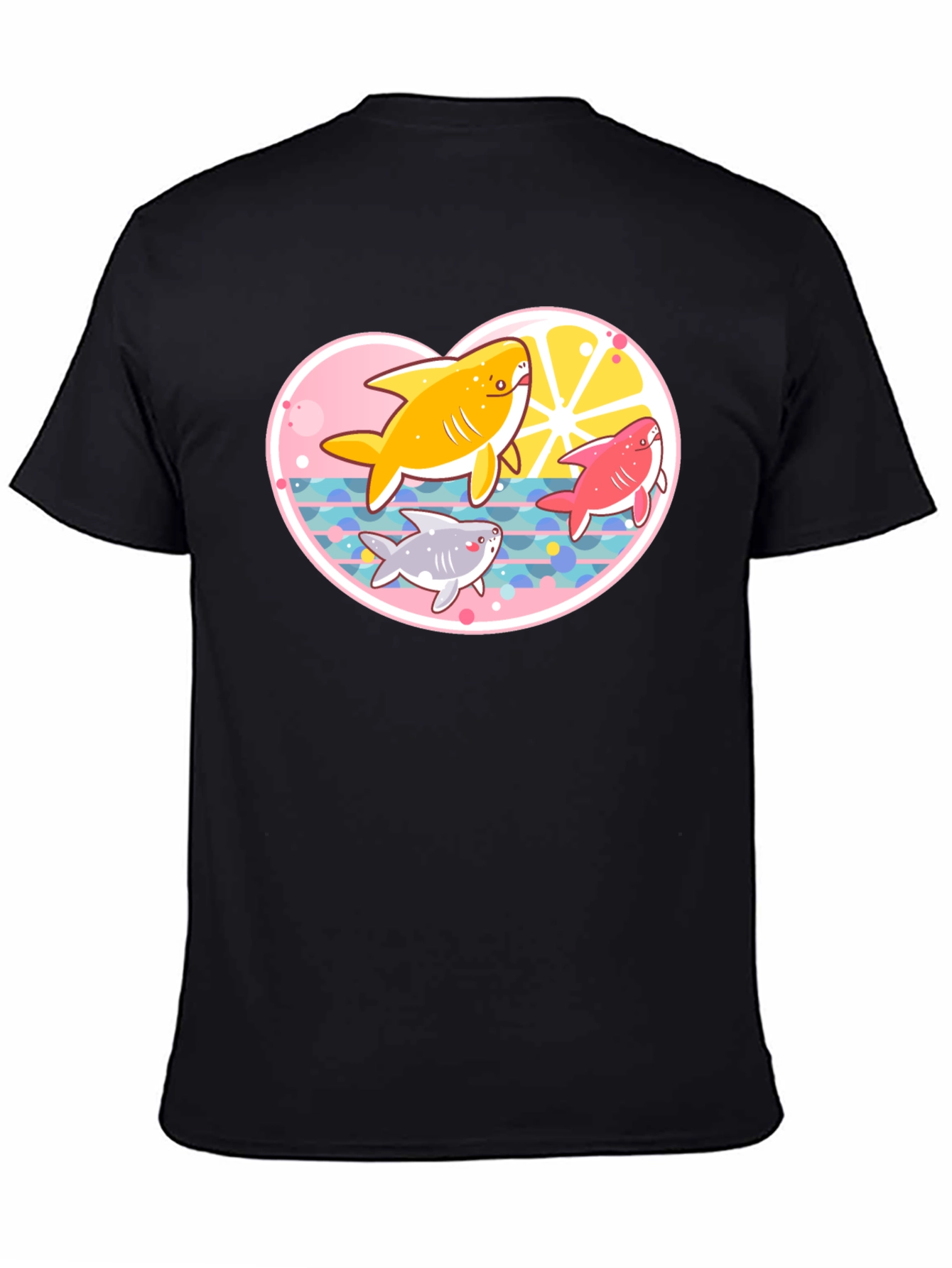 Cute Cartoon Sharks Black T-Shirt