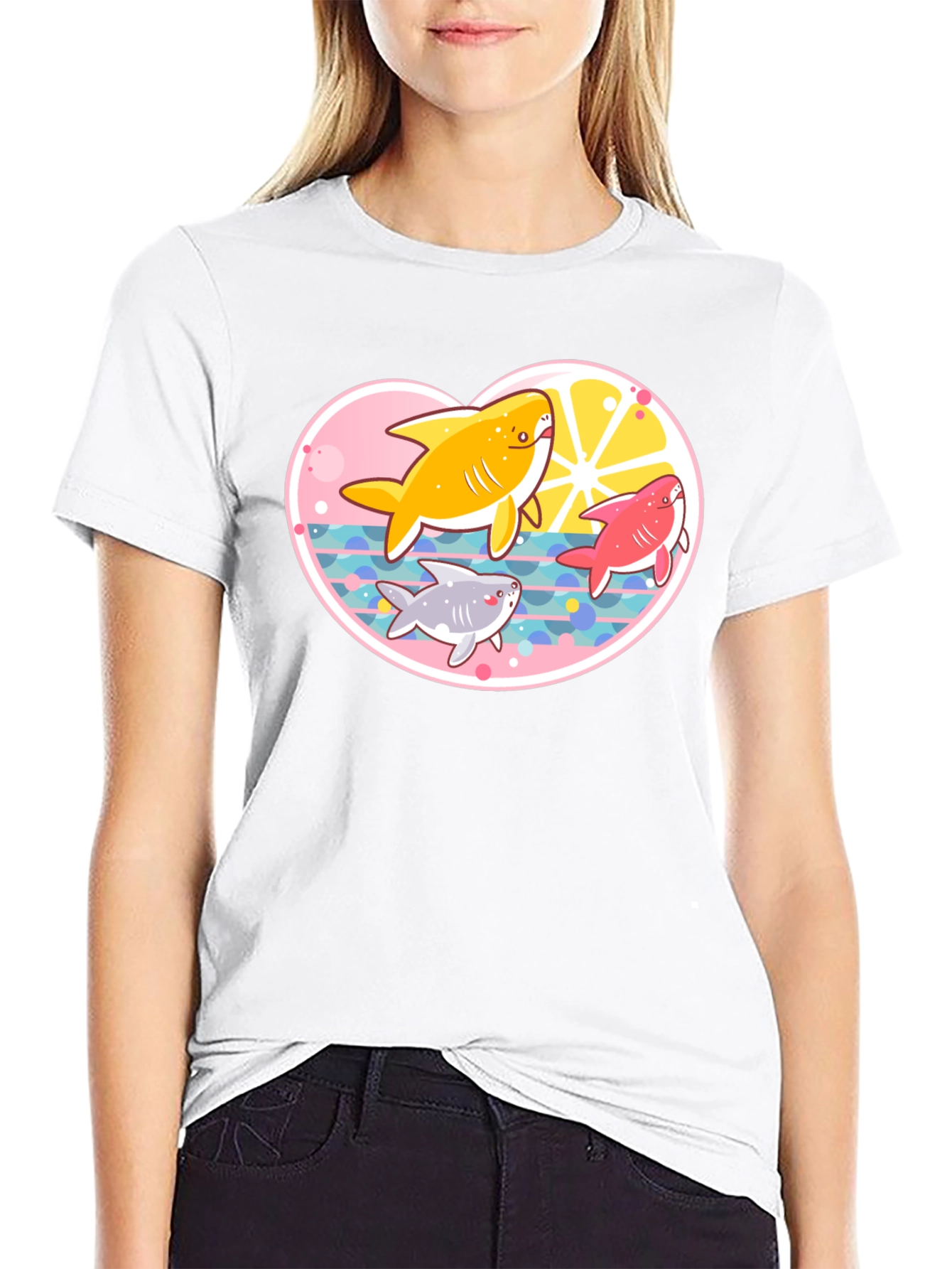 Cute Cartoon Sharks Black T-Shirt