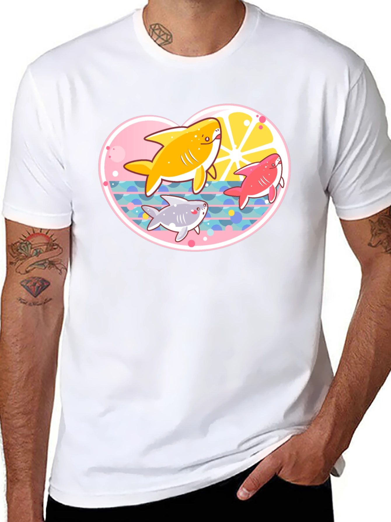 Cute Cartoon Sharks Black T-Shirt