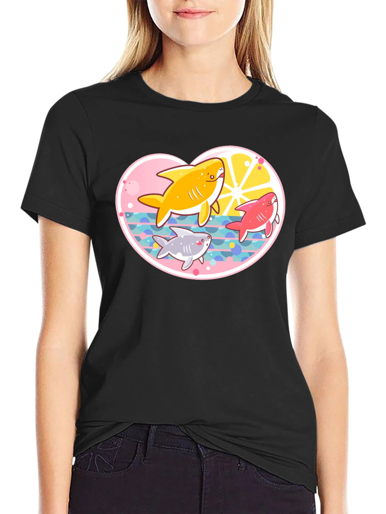 Cute Cartoon Sharks Black T-Shirt