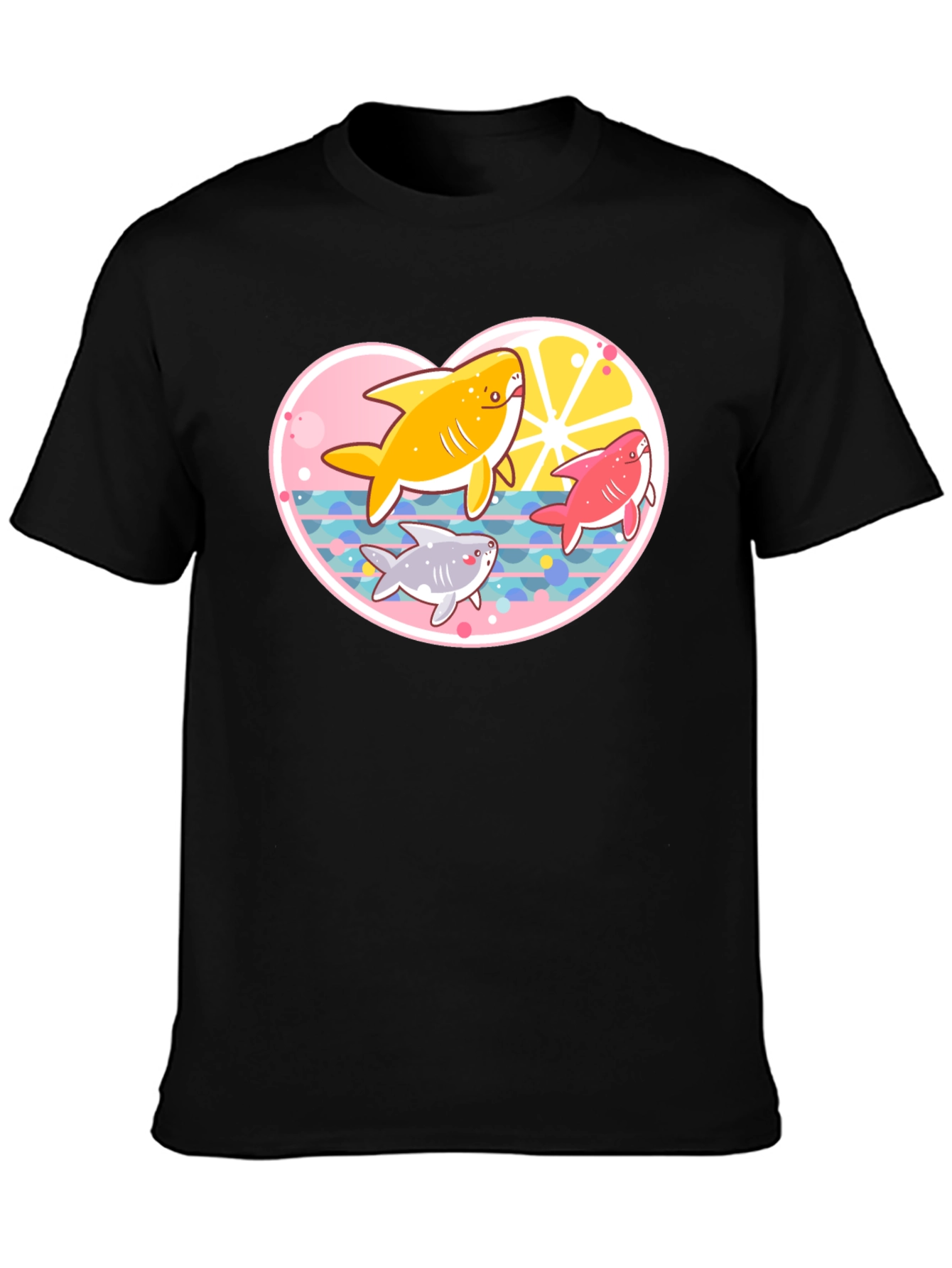 Cute Cartoon Sharks Black T-Shirt