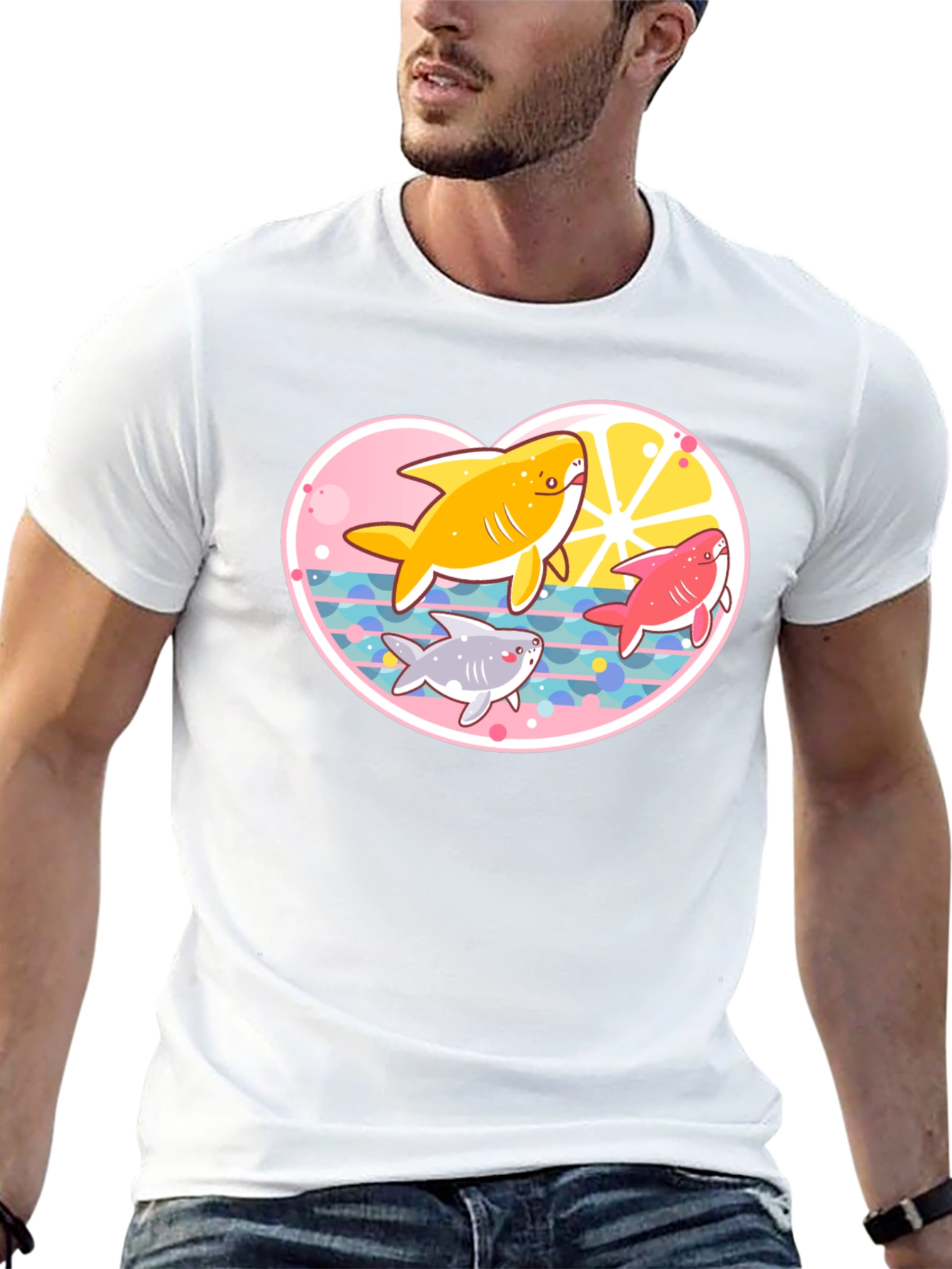 Cute Cartoon Sharks Black T-Shirt
