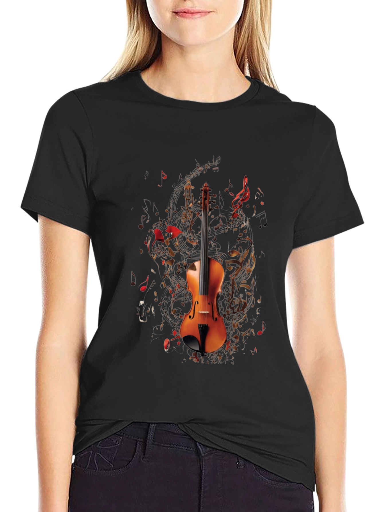 Musical Violin Graphic T-Shirt - Black