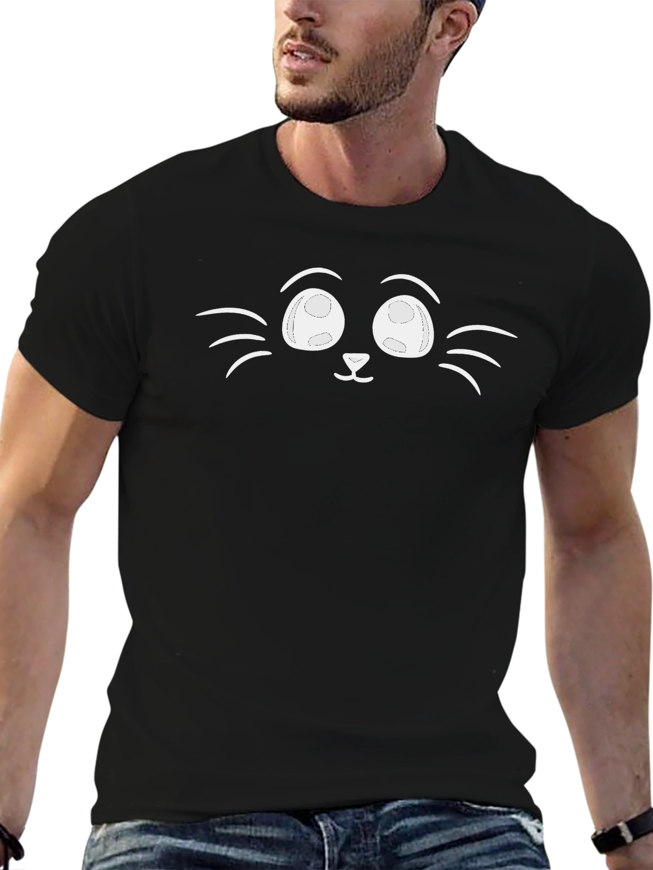 Cute Cat Face Graphic Black T-Shirt