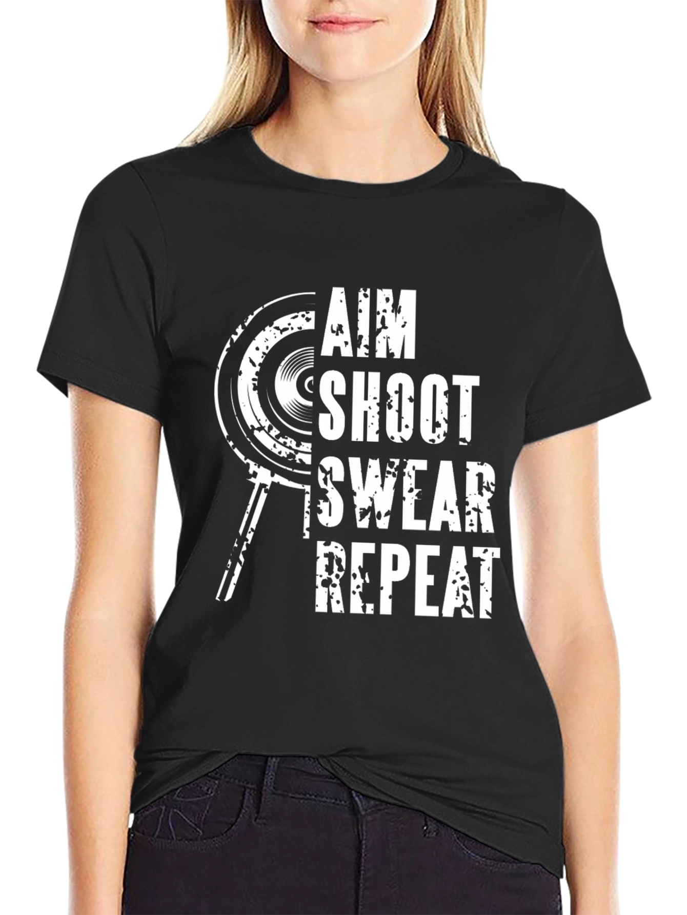 Aim Shoot Swear Repeat Black Graphic Tee