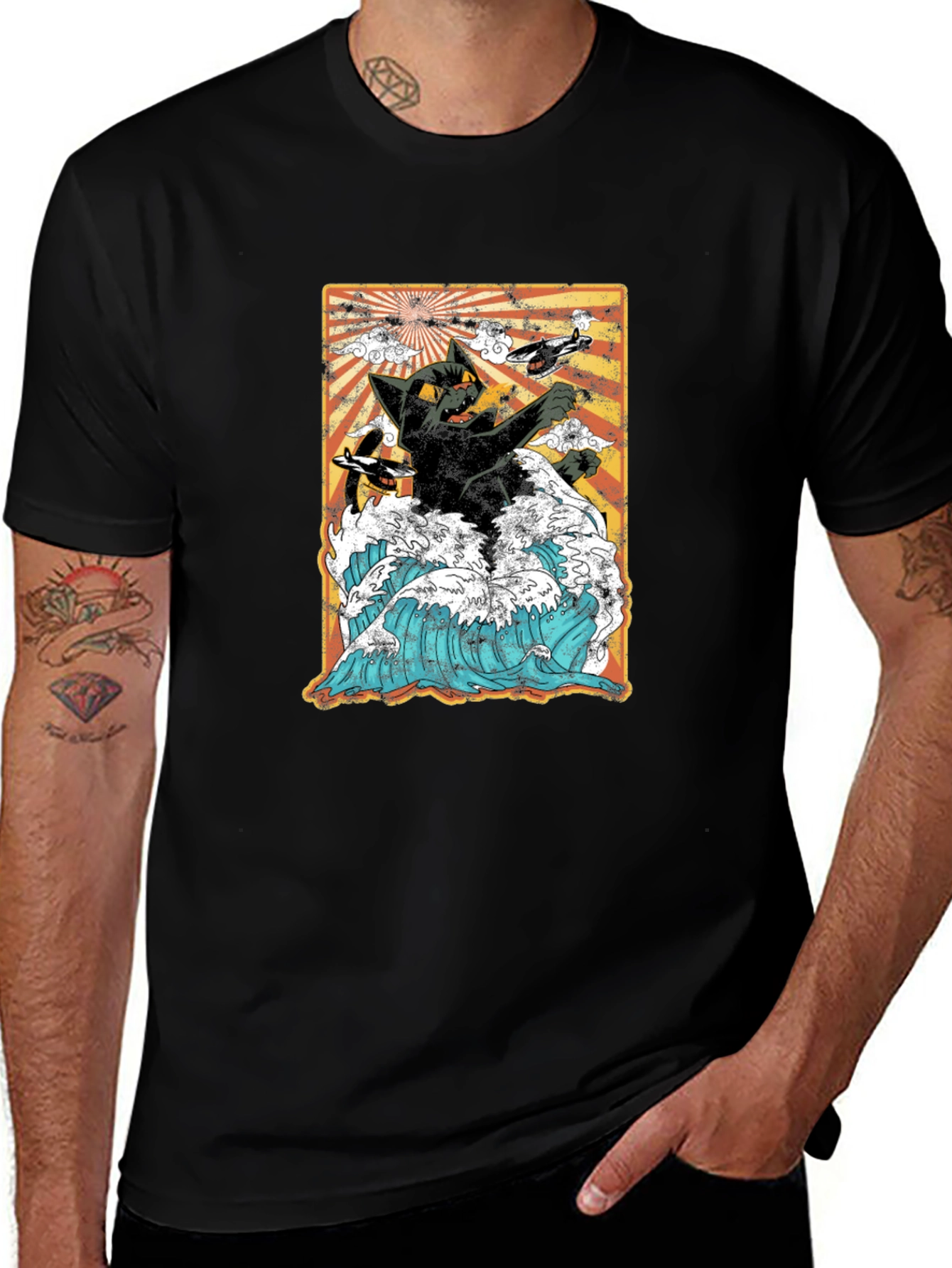 Kaiju Cat T-Shirt - Black Graphic Tee Unique Design
