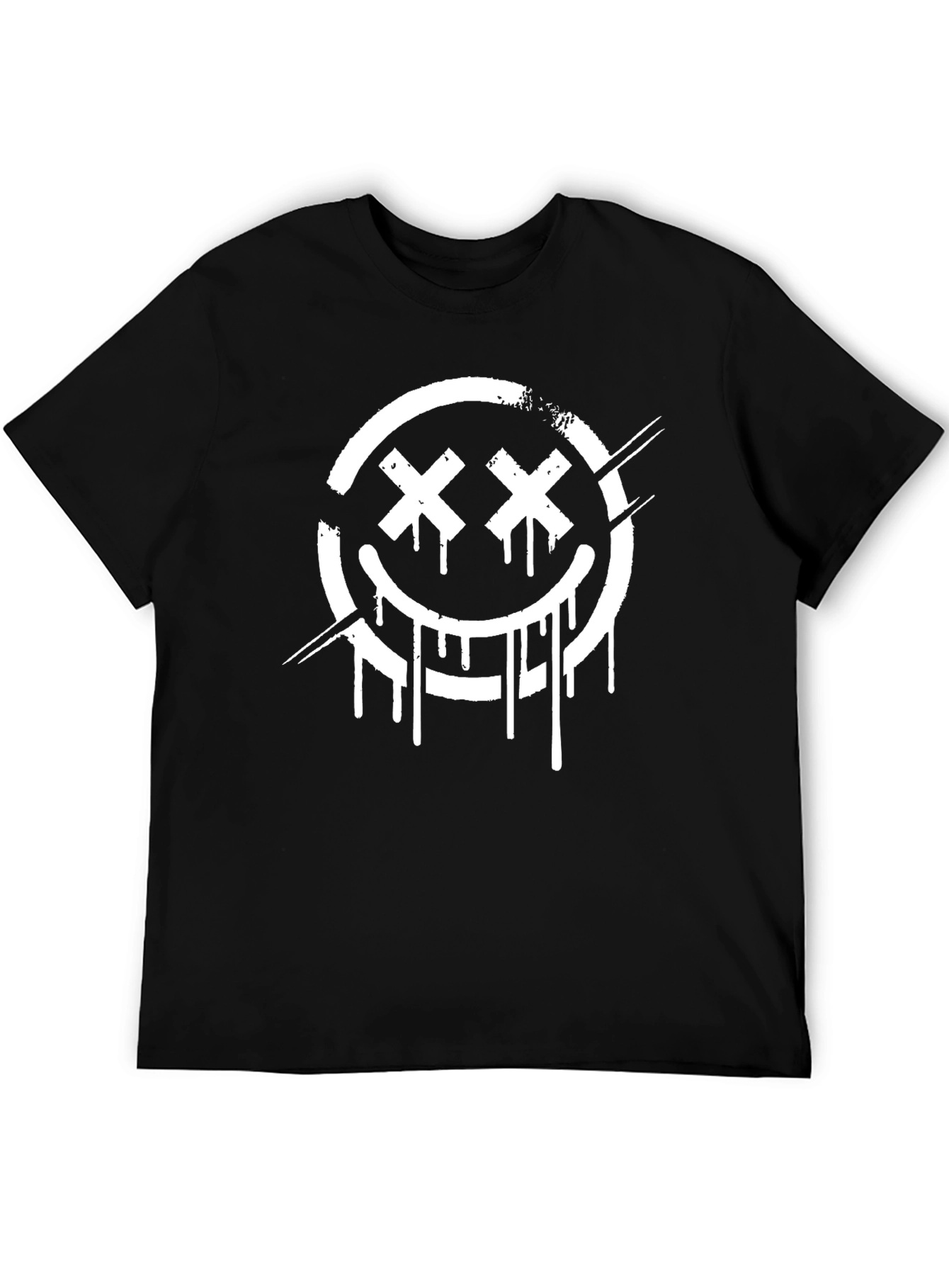 Distressed Smiley Face Graphic Tee - Black Cotton Blend