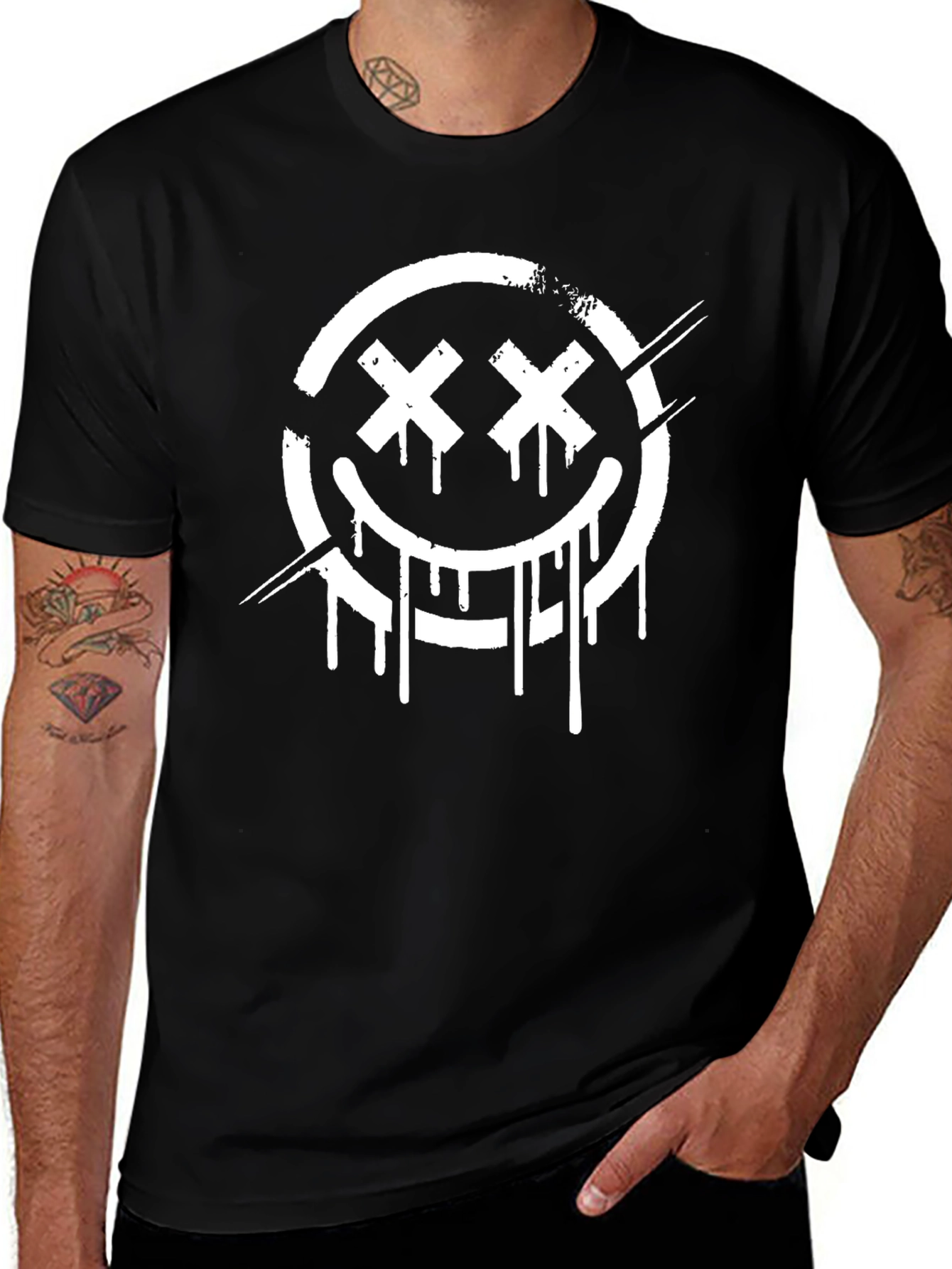 Distressed Smiley Face Graphic Tee - Black Cotton Blend
