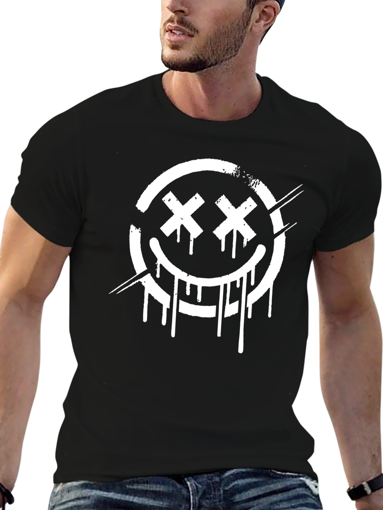 Distressed Smiley Face Graphic Tee - Black Cotton Blend