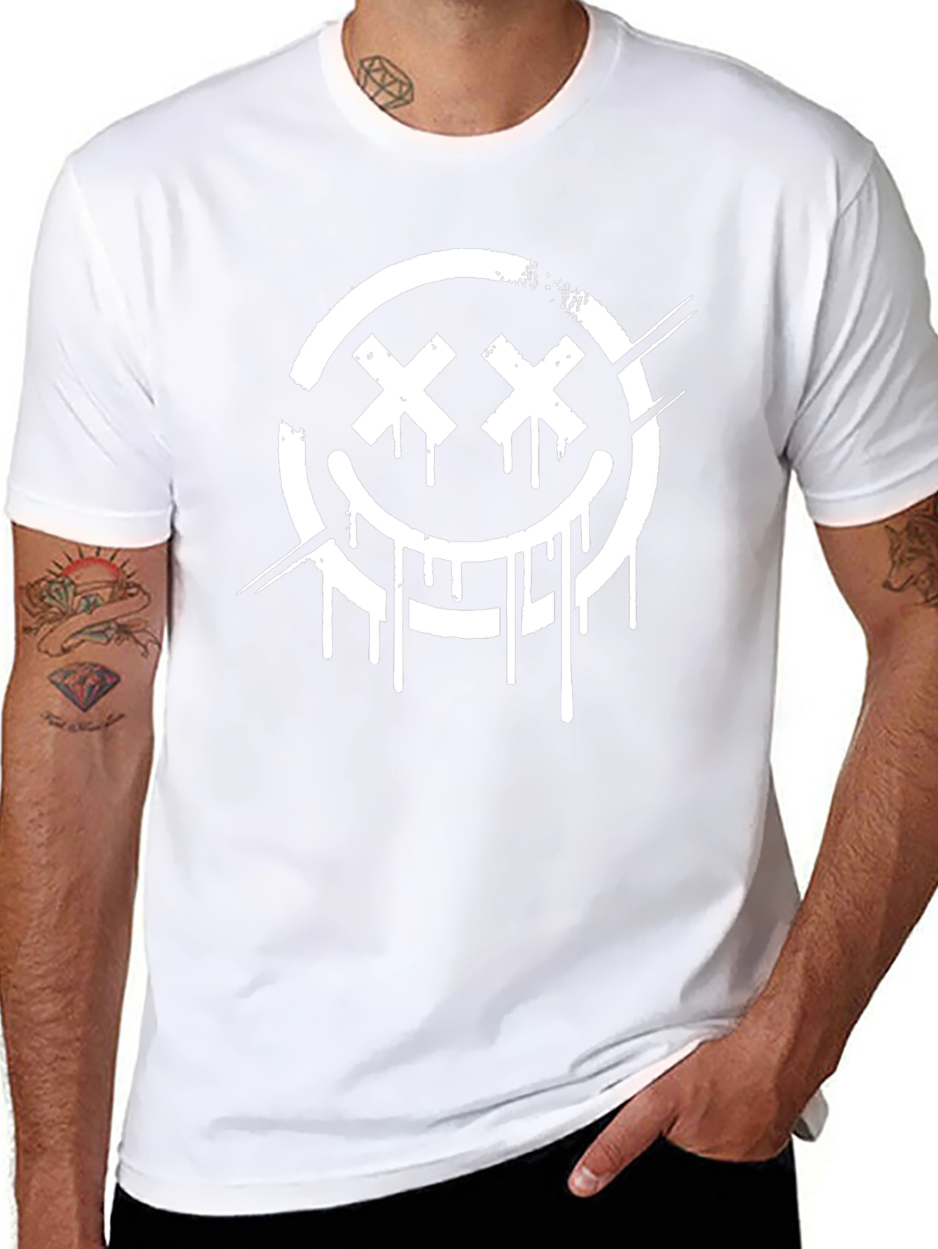Distressed Smiley Face Graphic Tee - Black Cotton Blend