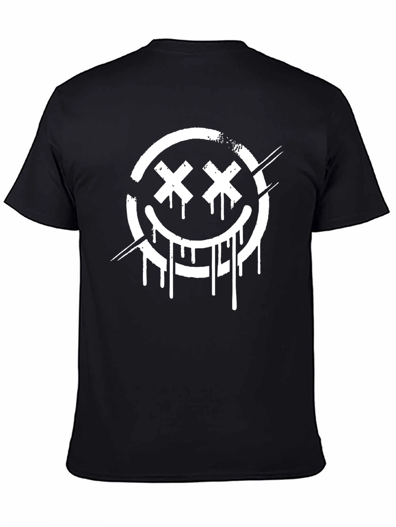 Distressed Smiley Face Graphic Tee - Black Cotton Blend