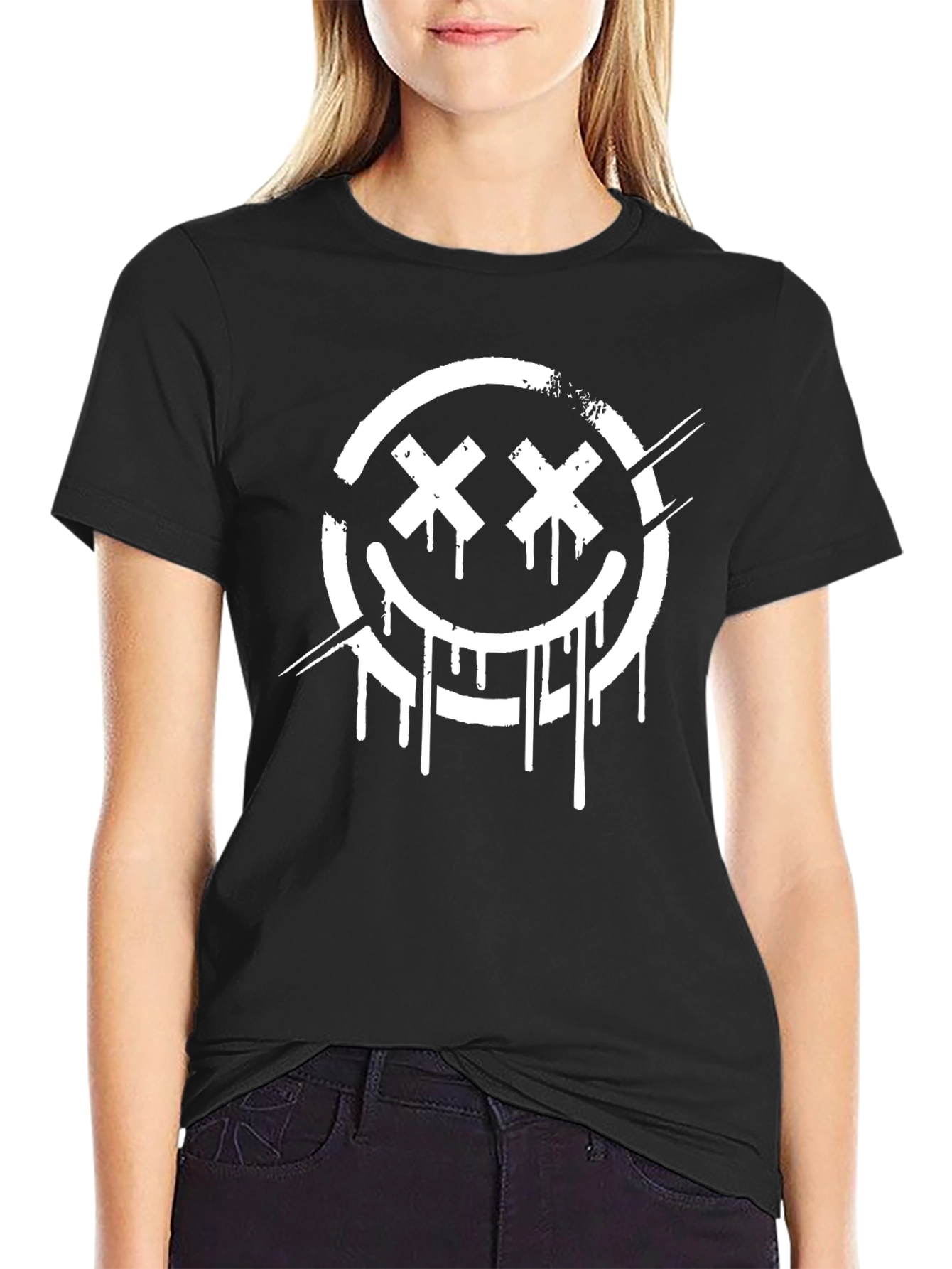 Distressed Smiley Face Graphic Tee - Black Cotton Blend