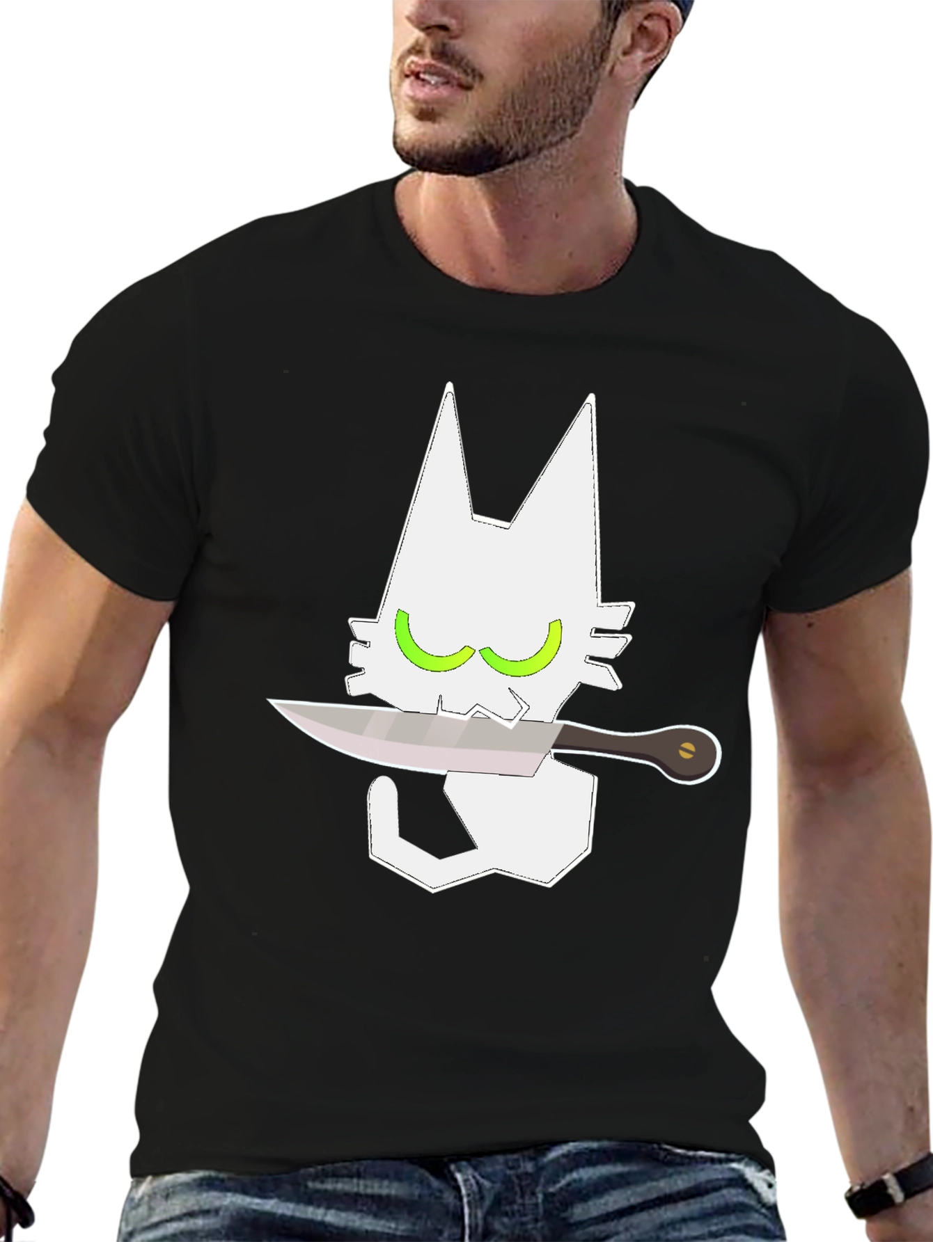 Cat With Knife Graphic Tee - Mens Black T-Shirt