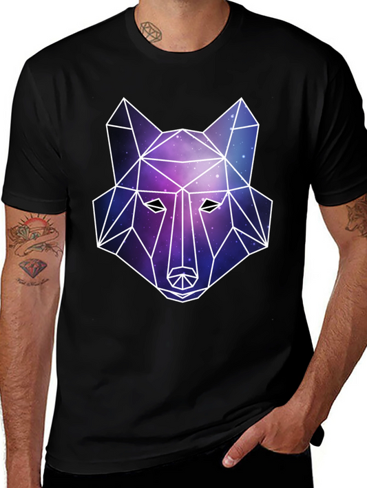 Geometric Galaxy Wolf Graphic Tee - Modern Mens Black T-Shirt