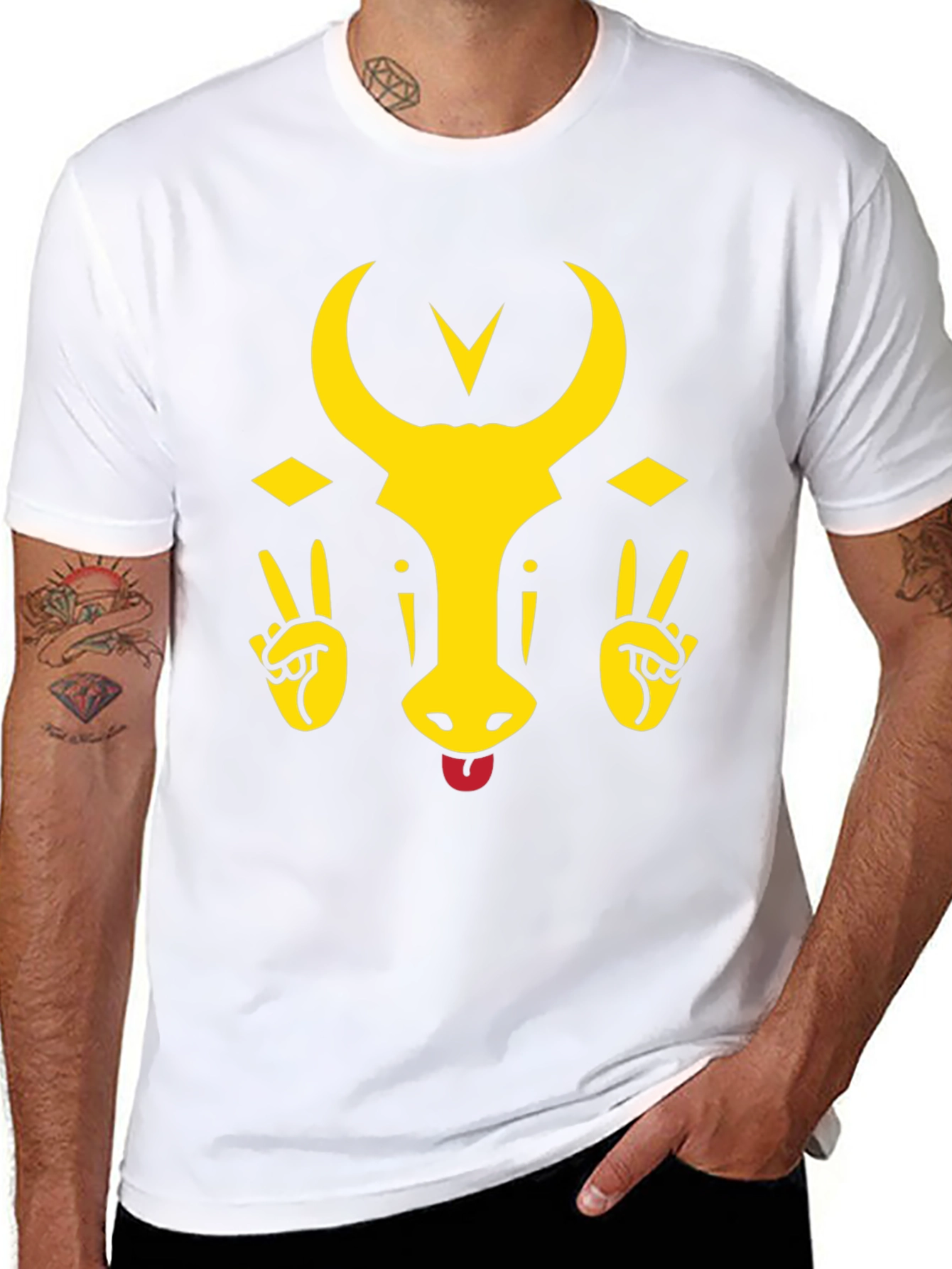 Funny Bull Tongue Out Graphic T-Shirt - Black