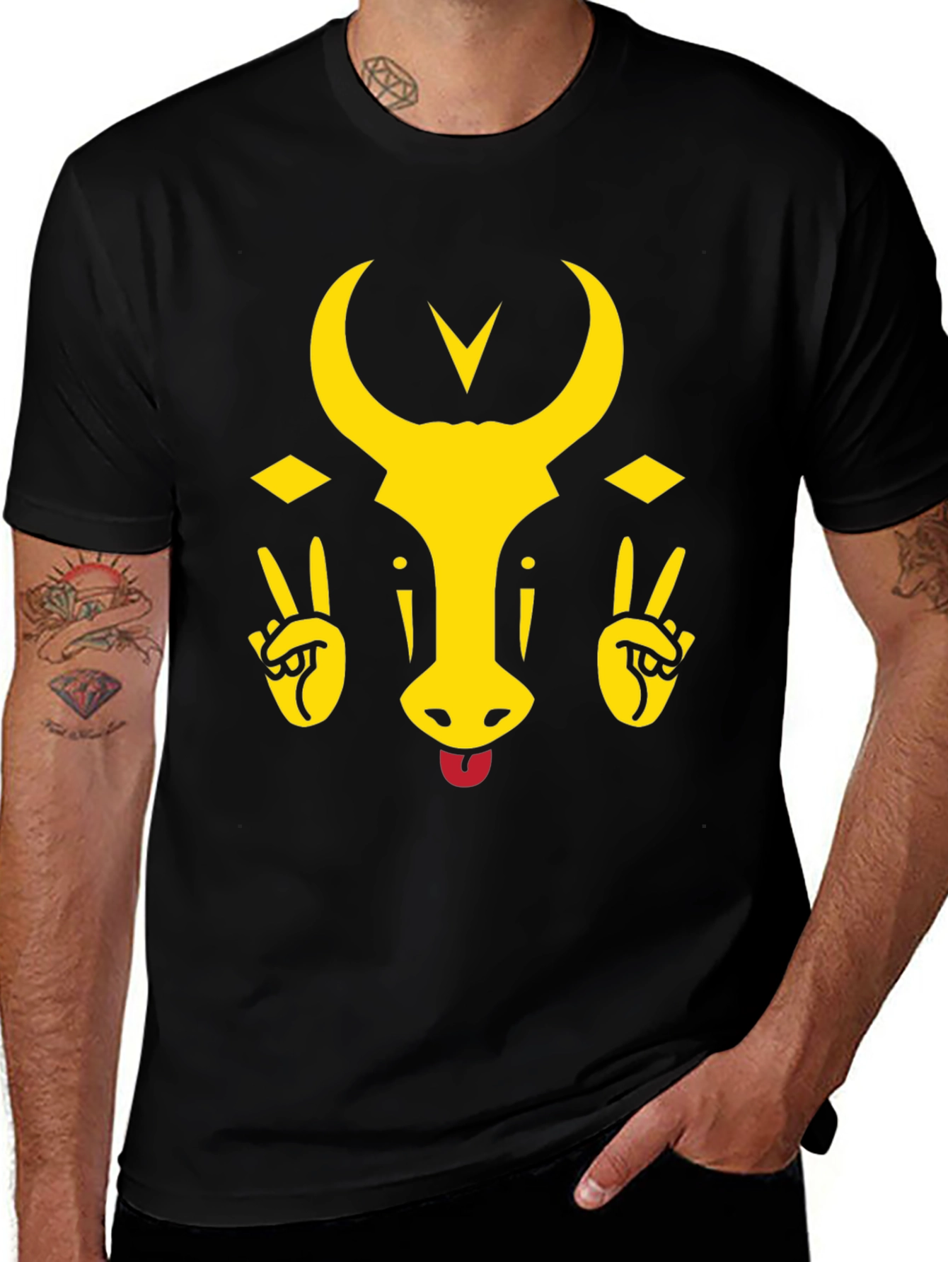 Funny Bull Tongue Out Graphic T-Shirt - Black