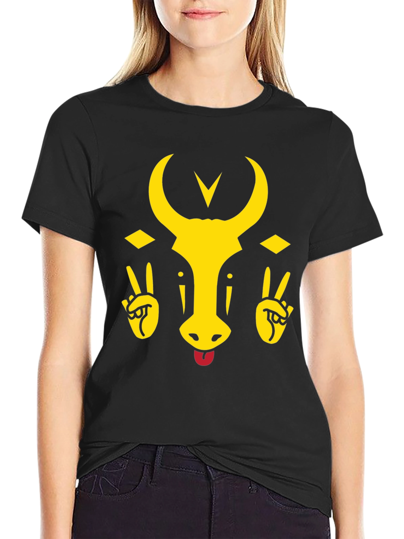 Funny Bull Tongue Out Graphic T-Shirt - Black