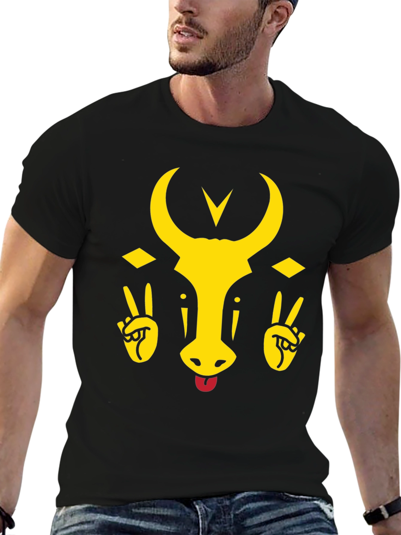 Funny Bull Tongue Out Graphic T-Shirt - Black