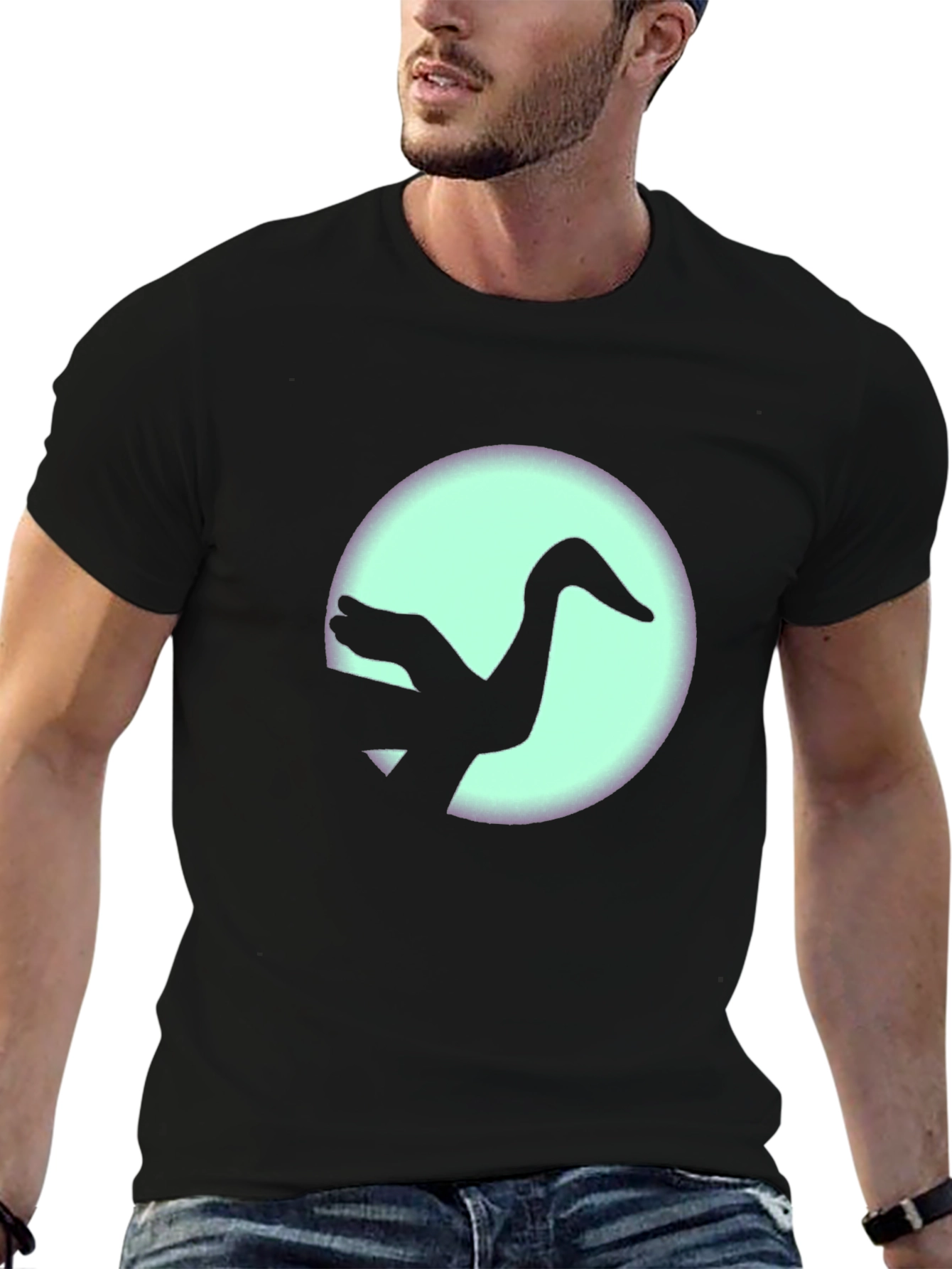 Black T-Shirt with Crane Silhouette Graphic Print