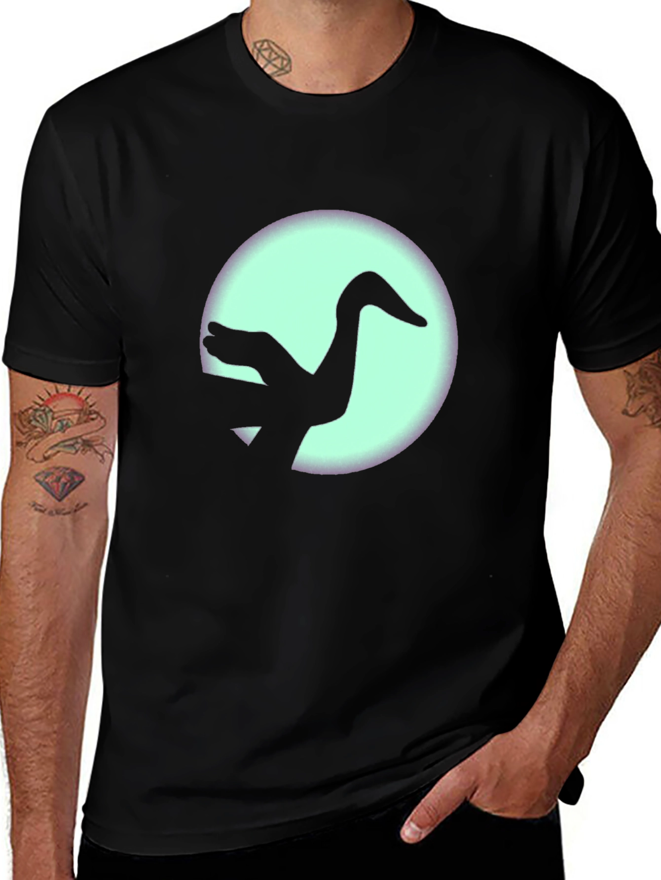 Black T-Shirt with Crane Silhouette Graphic Print