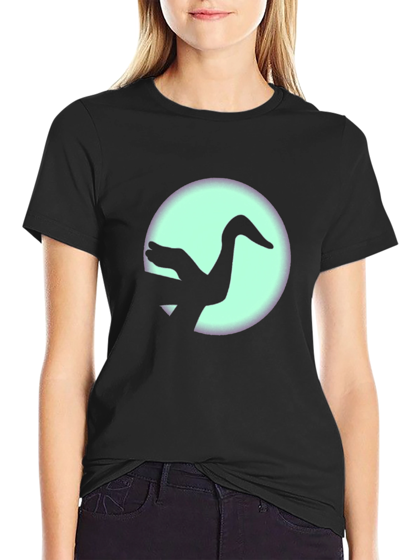 Black T-Shirt with Crane Silhouette Graphic Print