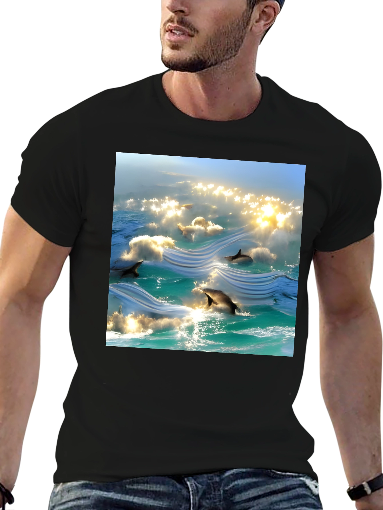 Ocean Dolphins T-Shirt - Black Cotton Tee