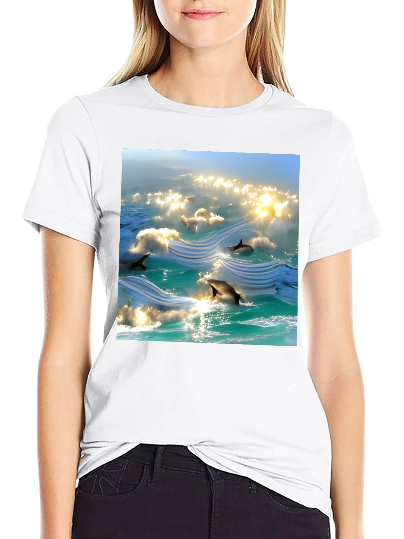 Ocean Dolphins T-Shirt - Black Cotton Tee