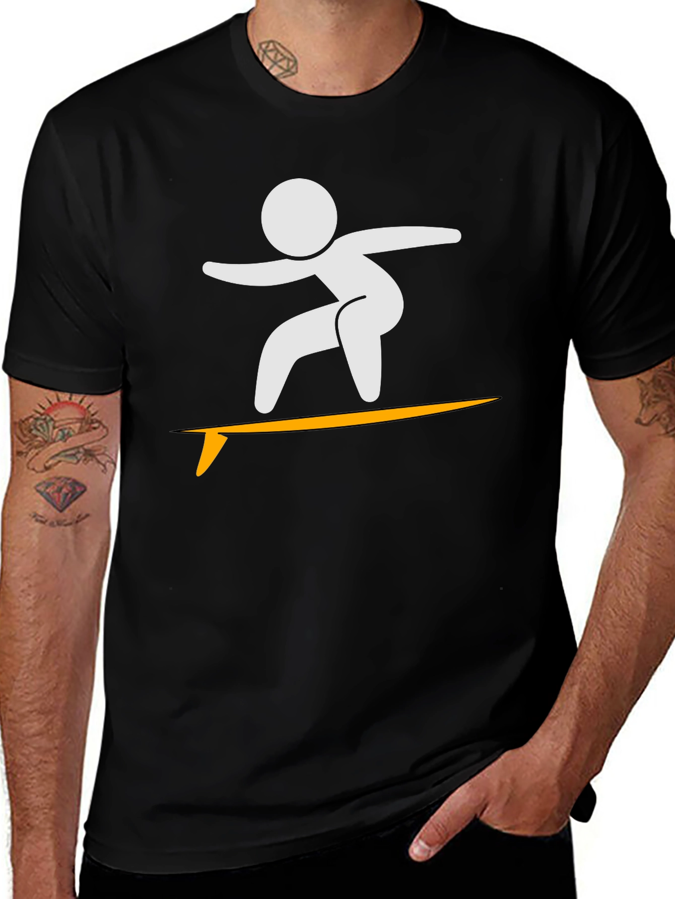 Surfer Stick Figure Black T-Shirt