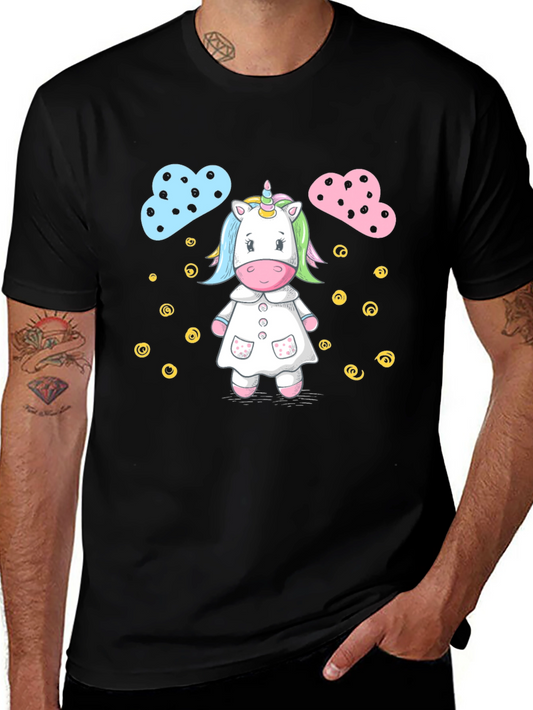Cute Unicorn Cartoon Print Black T-Shirt