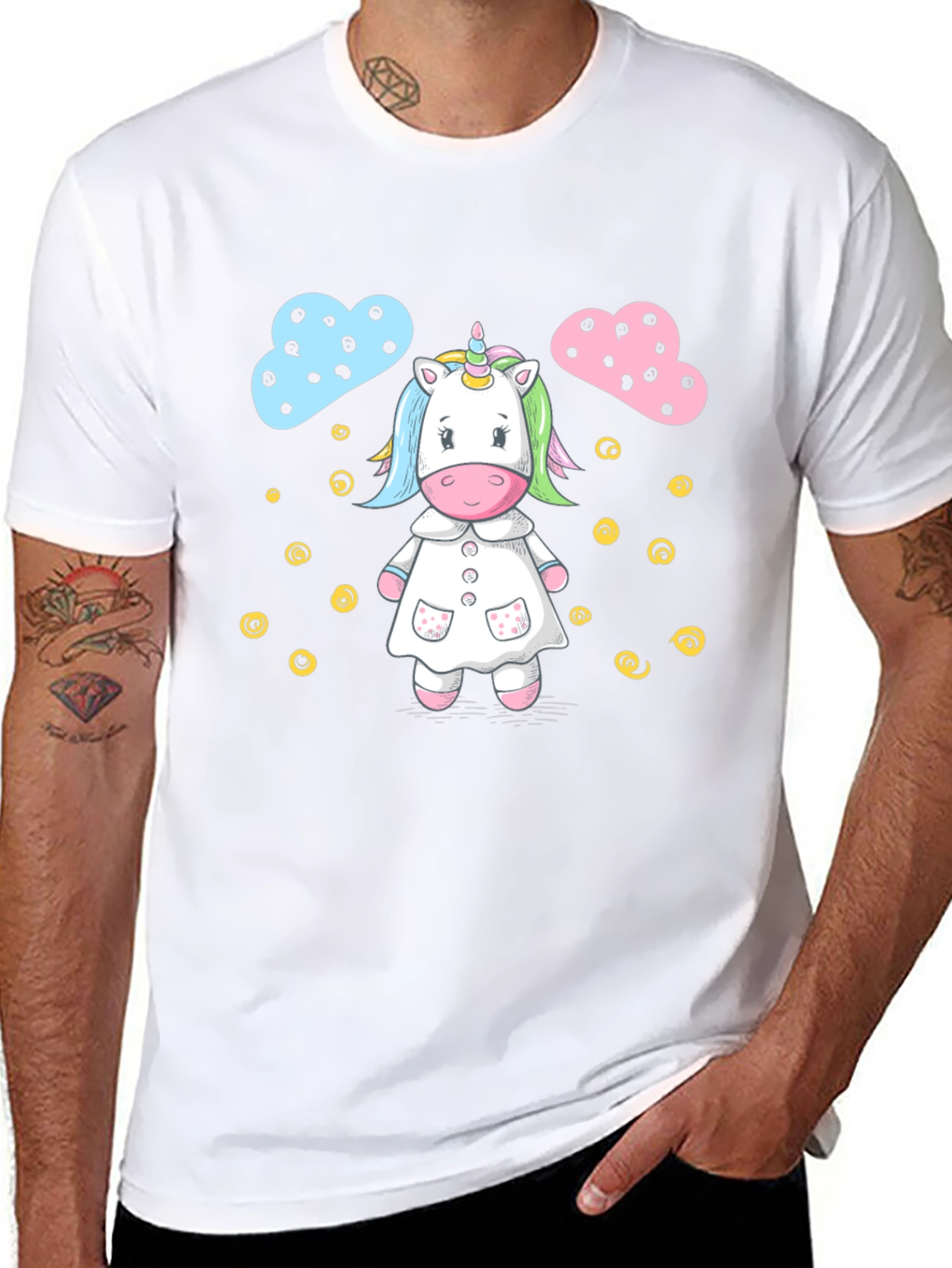 Cute Unicorn Cartoon Print Black T-Shirt