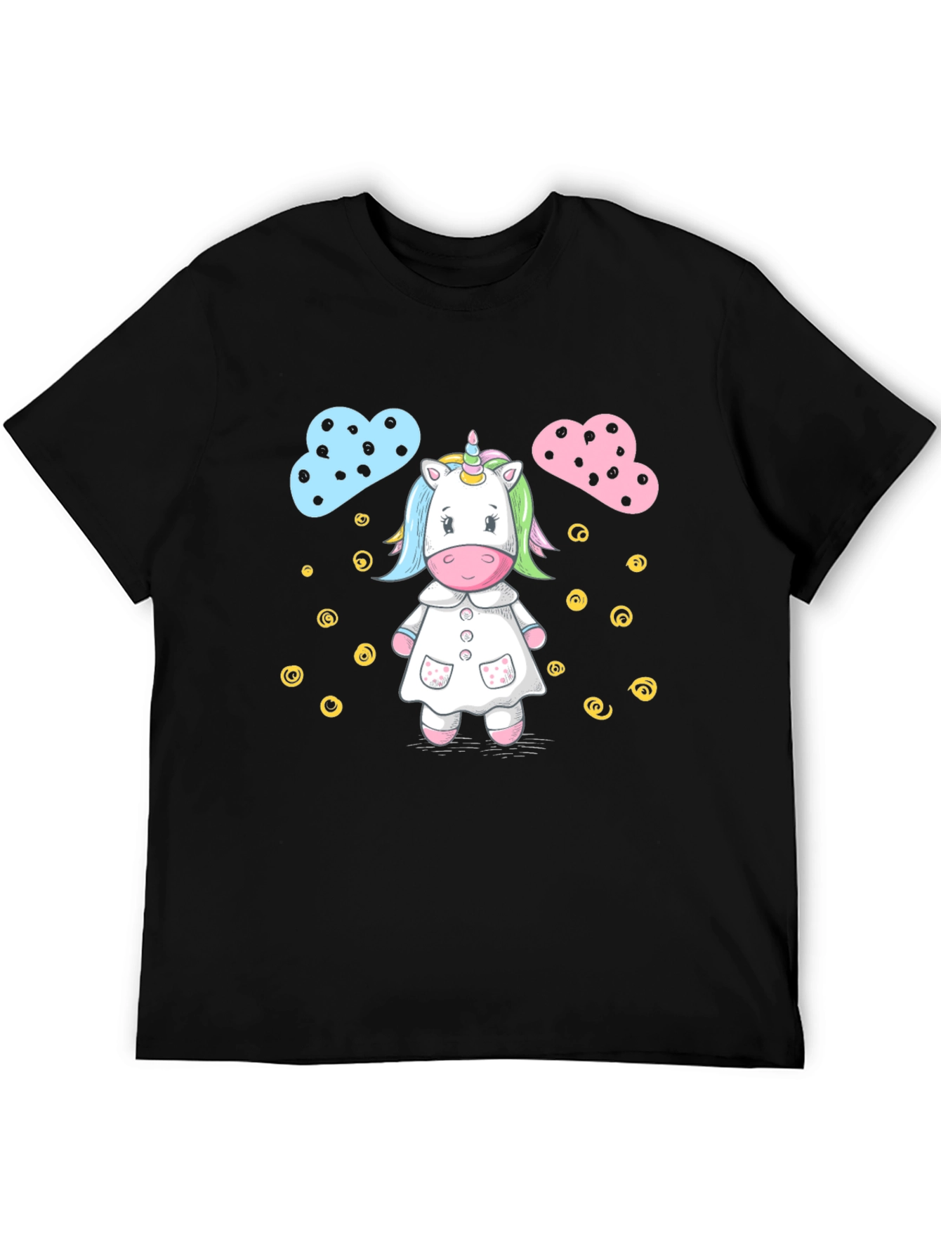 Cute Unicorn Cartoon Print Black T-Shirt