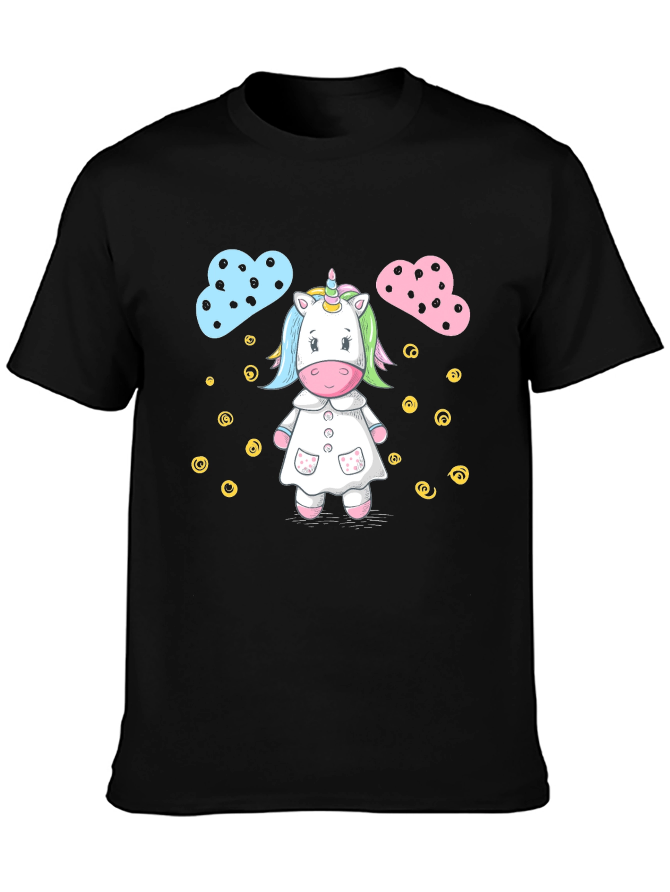Cute Unicorn Cartoon Print Black T-Shirt