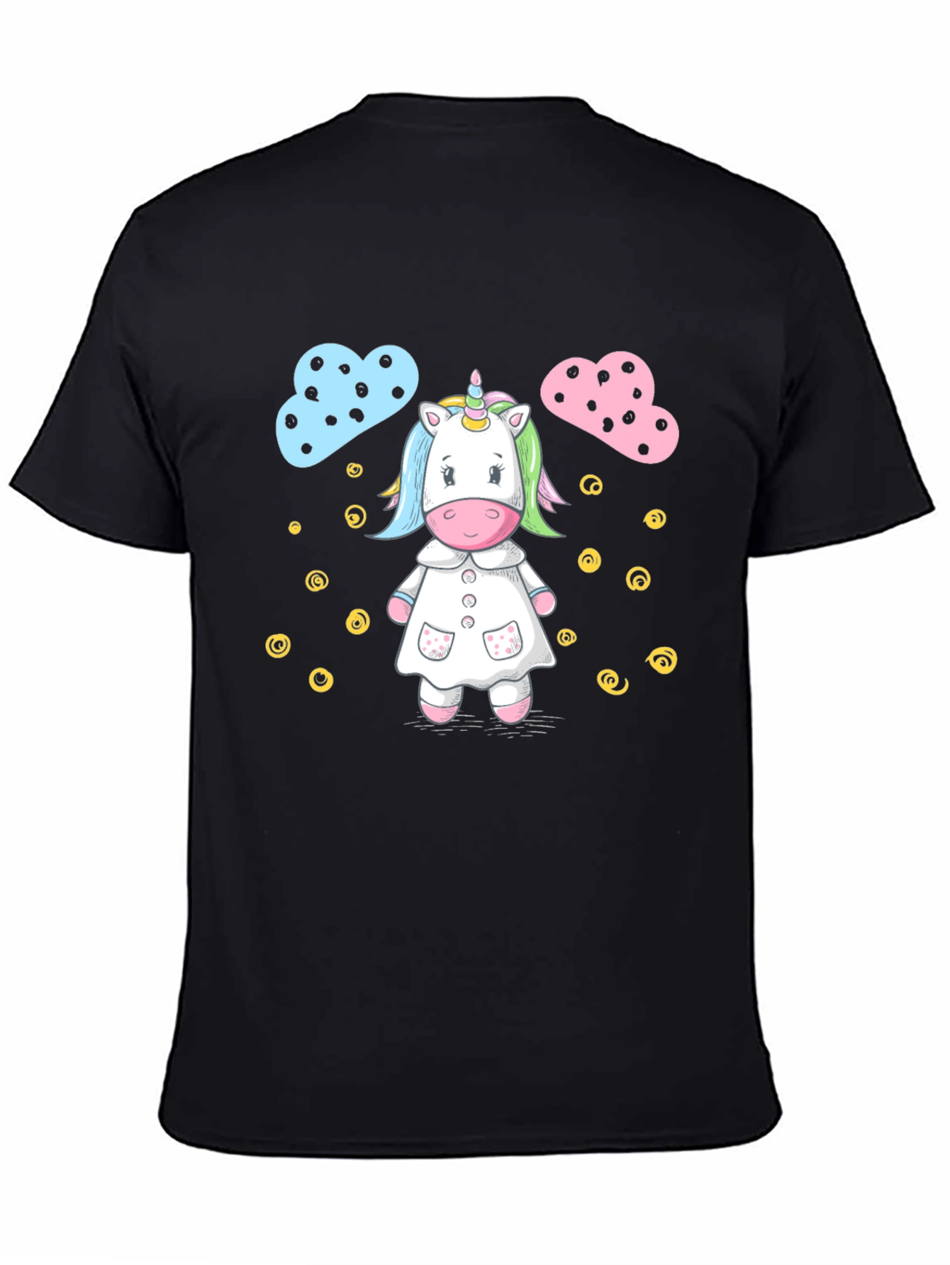 Cute Unicorn Cartoon Print Black T-Shirt