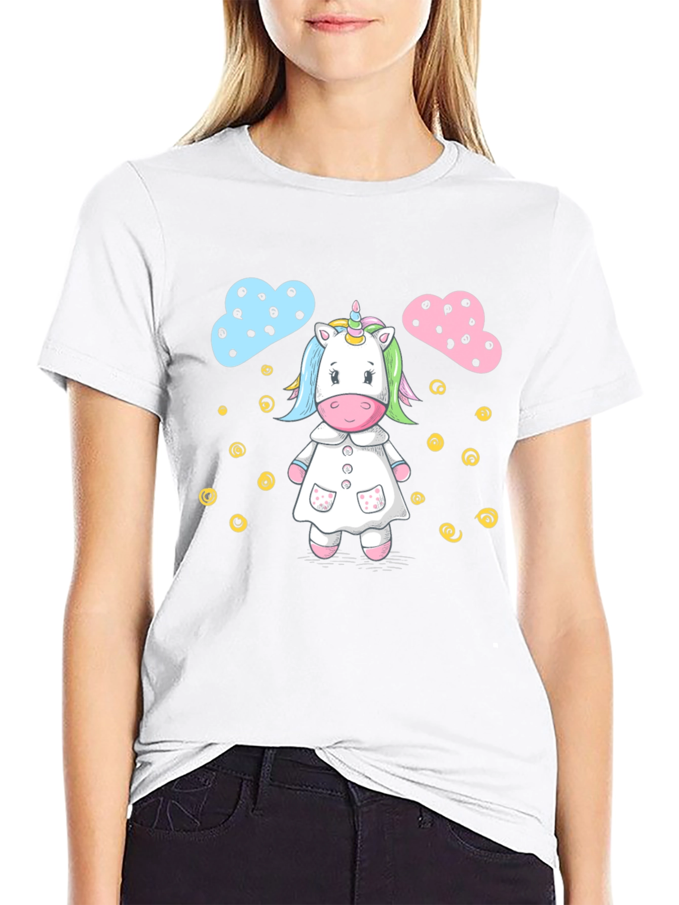Cute Unicorn Cartoon Print Black T-Shirt