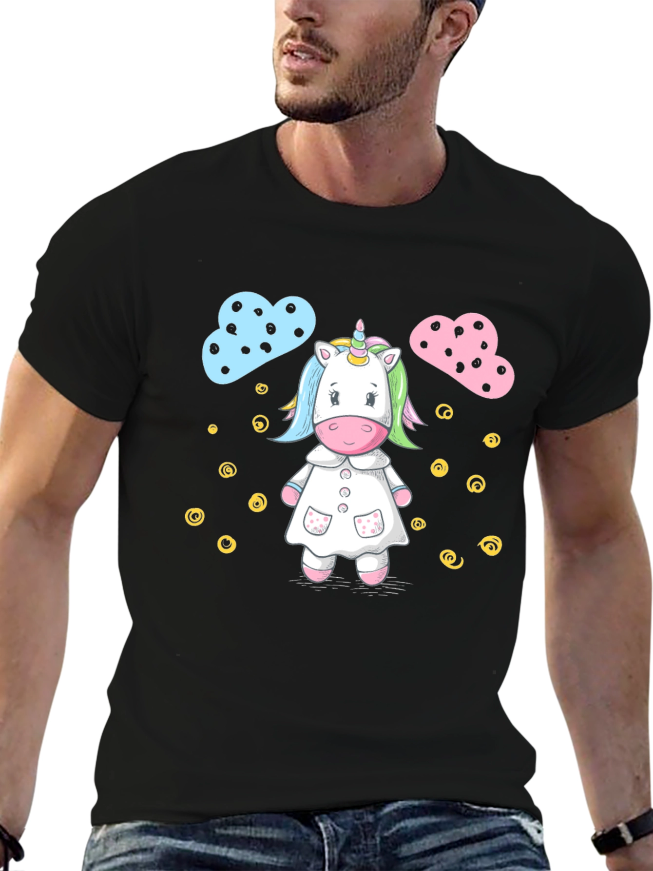 Cute Unicorn Cartoon Print Black T-Shirt