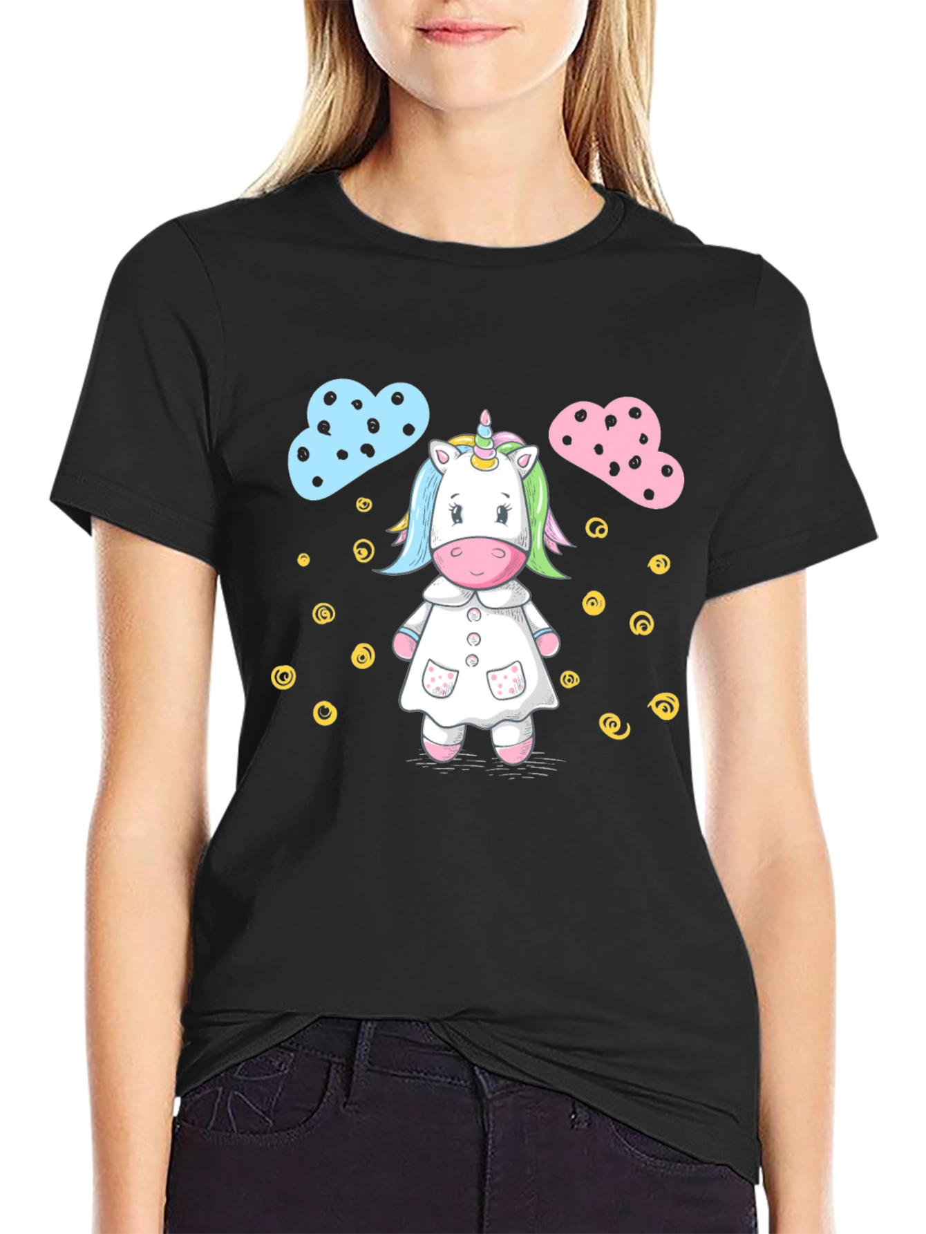 Cute Unicorn Cartoon Print Black T-Shirt