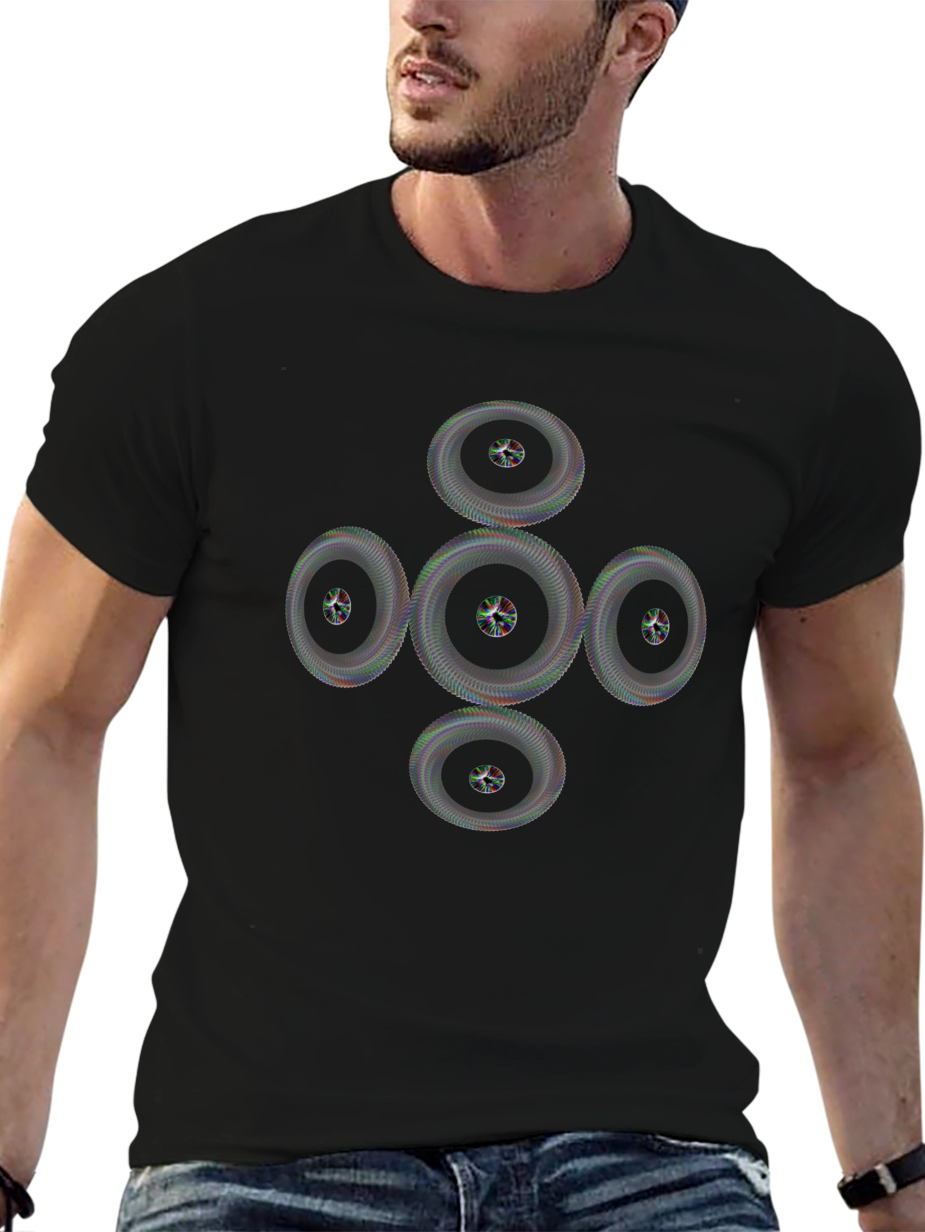 Geometric Wheel Pattern Black T-Shirt