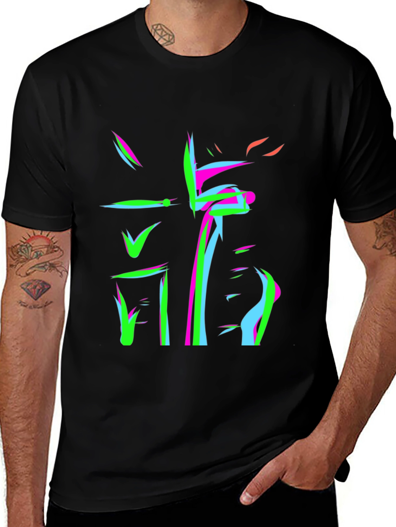 Abstract Neon Graphic Print Black T-Shirt