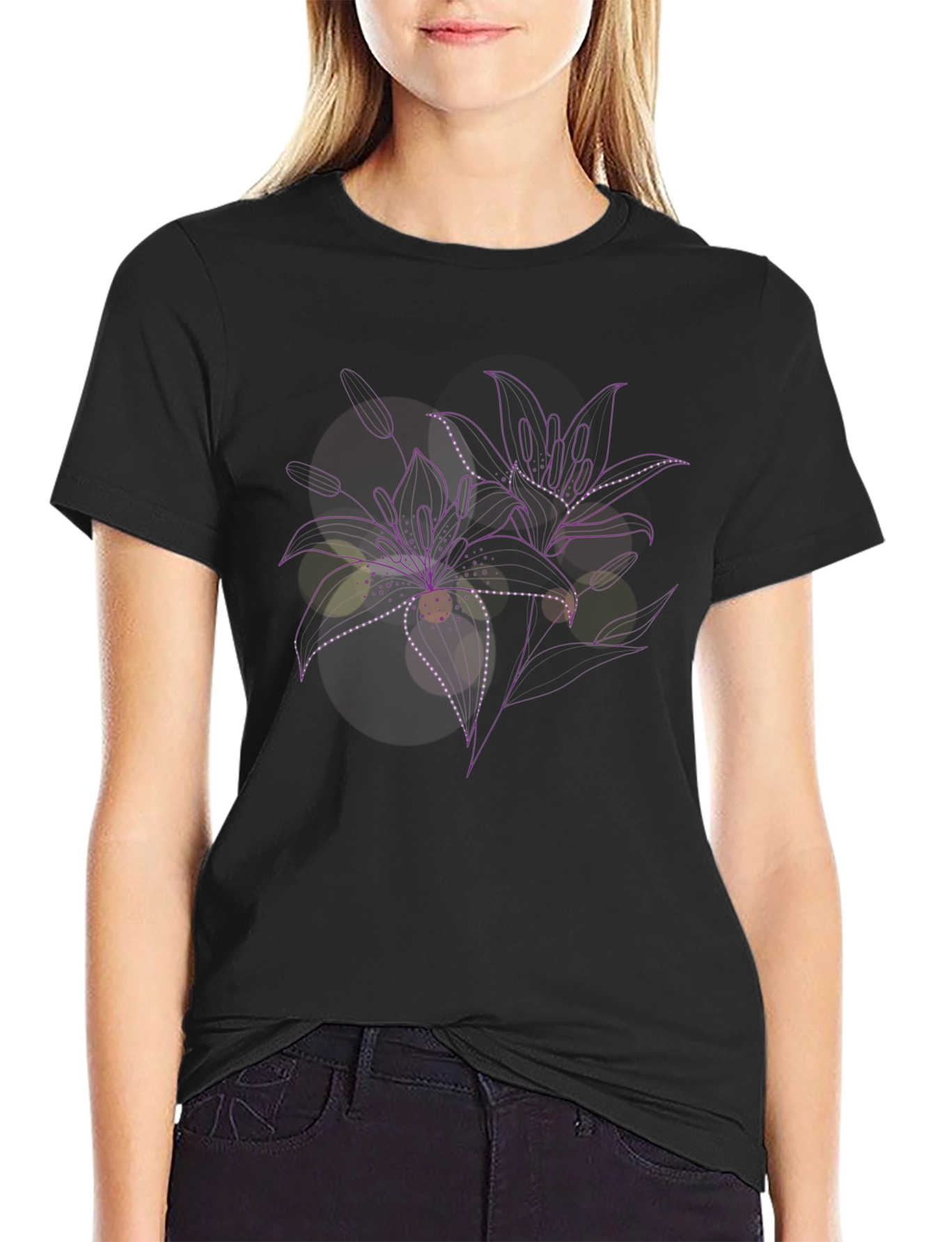 Floral Line Art Black T-Shirt
