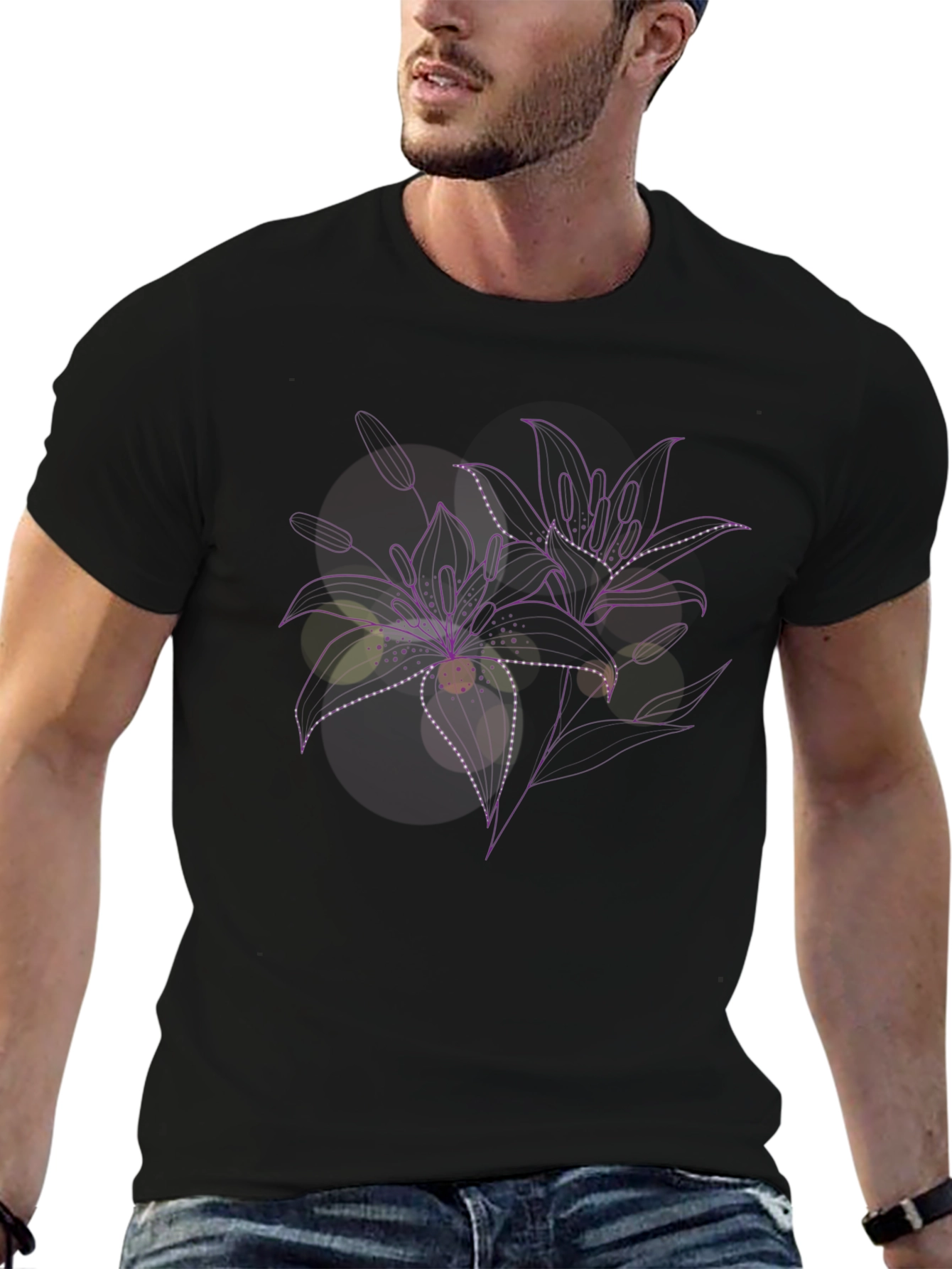 Floral Line Art Black T-Shirt