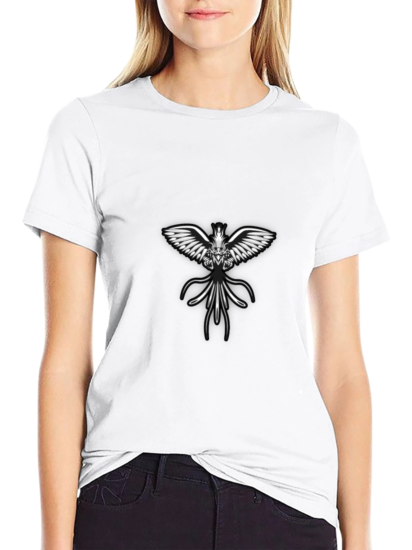 Black Tee with Angelic Winged Creature Design