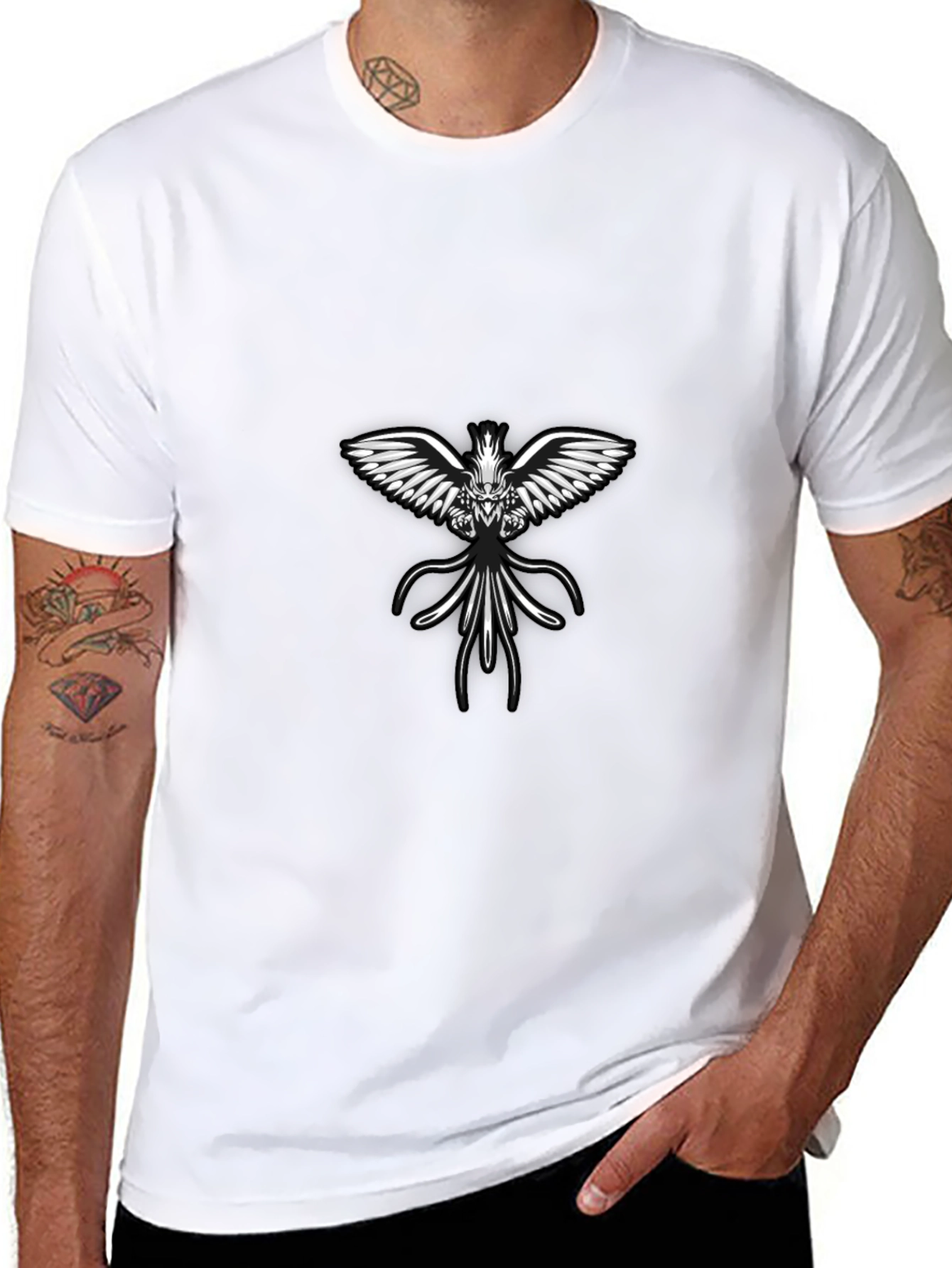 Black Tee with Angelic Winged Creature Design
