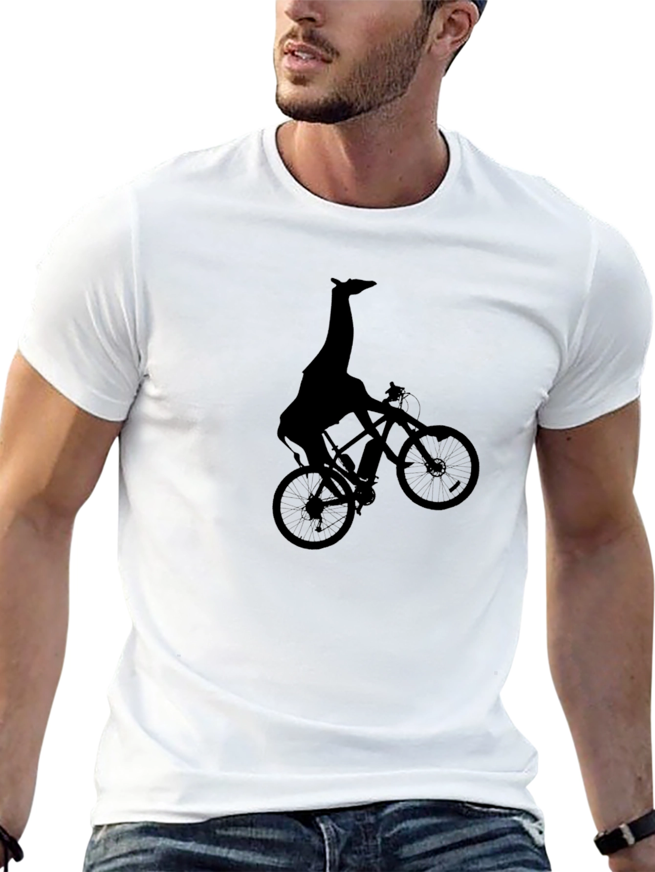 Giraffe on Bike Graphic Tee - Quirky Black T-Shirt