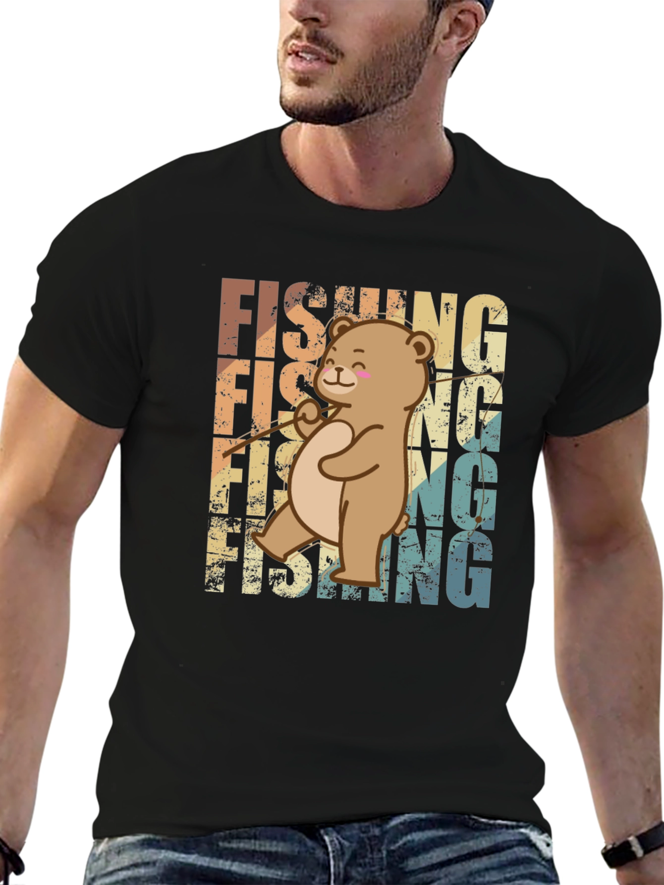 Fishing Bear Graphic Tee - Retro Style