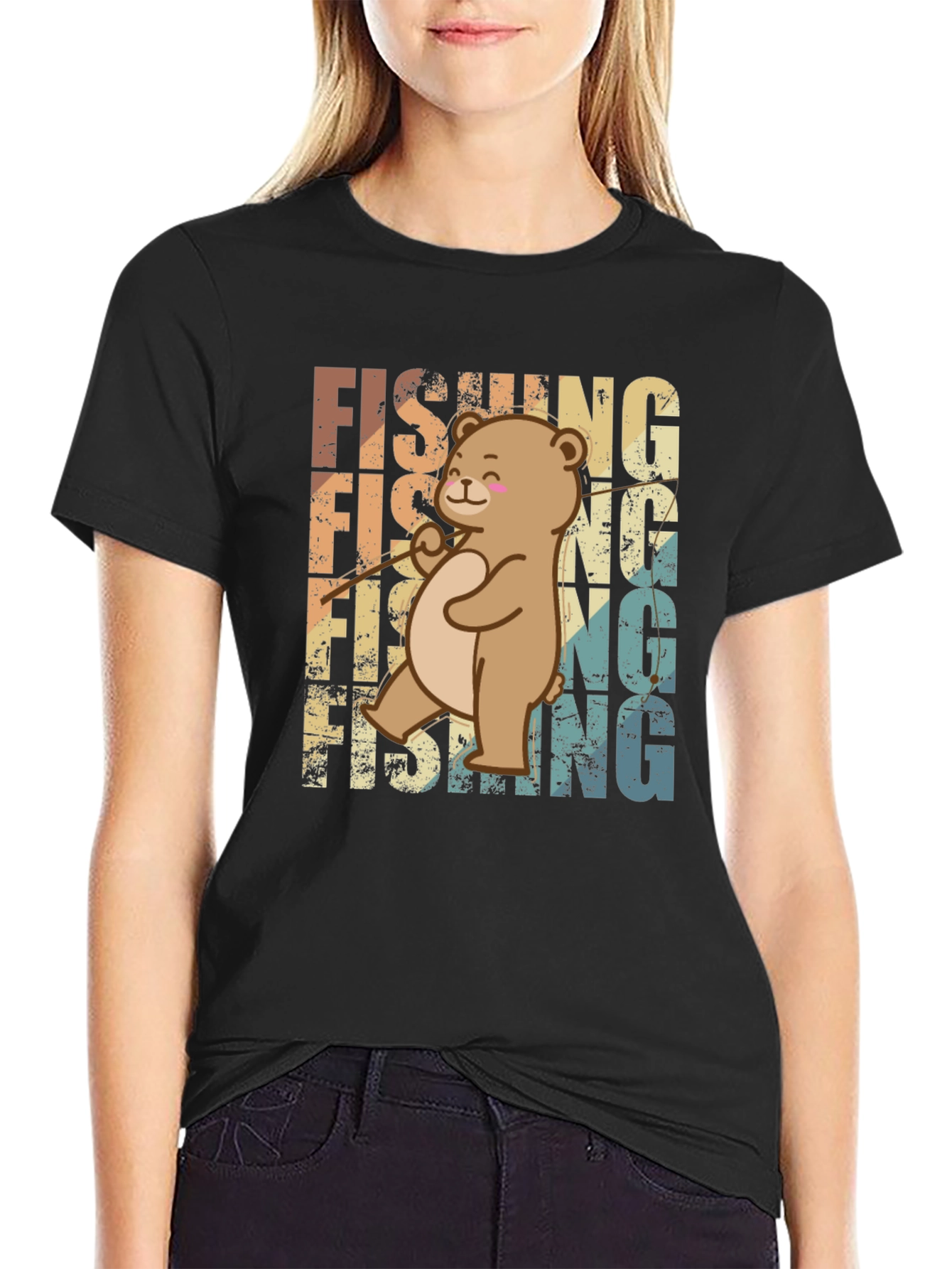 Fishing Bear Graphic Tee - Retro Style